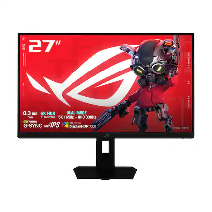 27" E REPUBLIC OF CAMERAK 0.3 ms 5K HDR DUAL MODE *min 5120 X 2880 5K 165Hz + QHD 330Hz NVIDIA G-SYNC FAST IPS DisplayHDR 600 ROG TYPE
