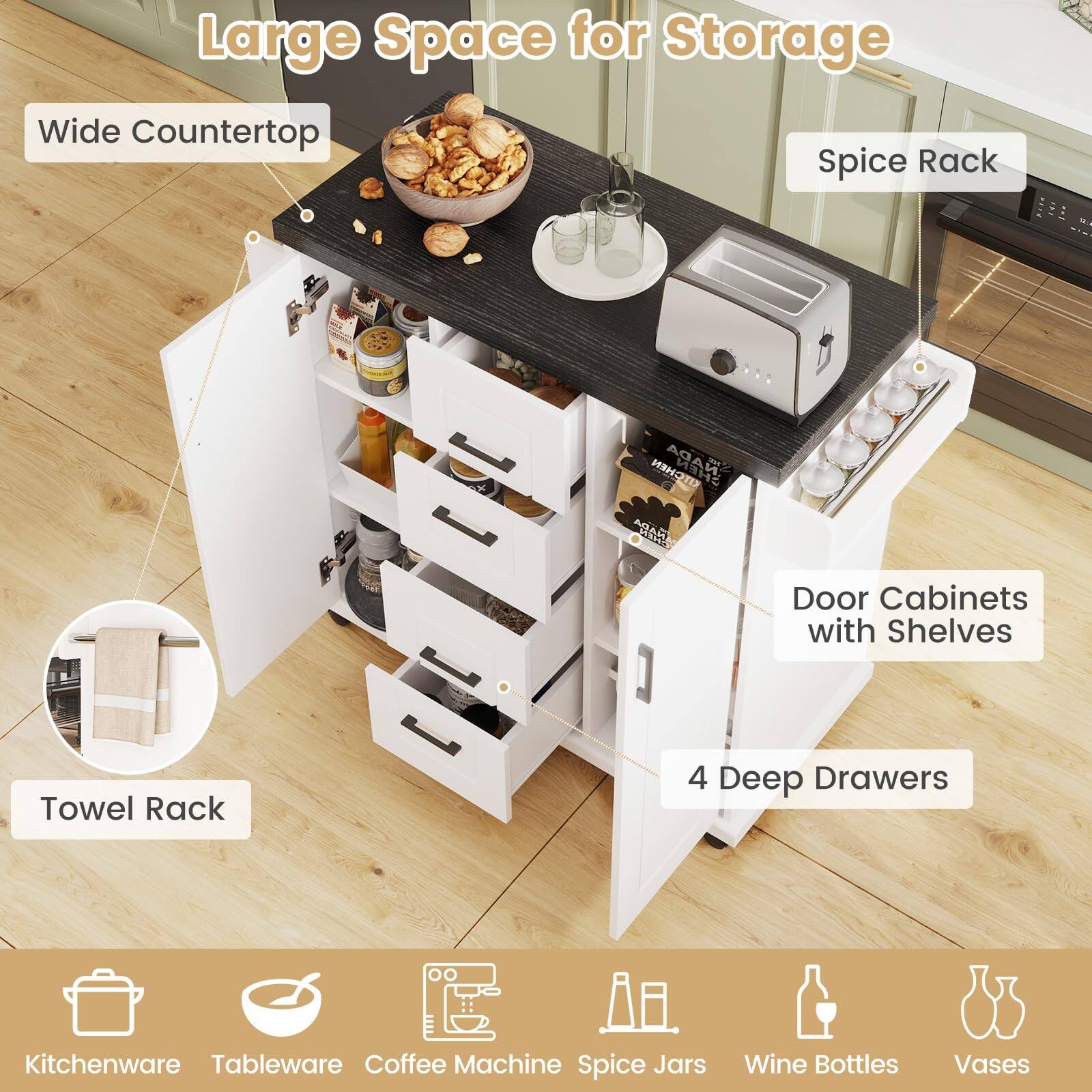 Large Space for Storage, Wide Countertop, Spice Rack, Door Cabinets with Shelves, Towel Rack, 4 Deep Drawers, Kitchenware, Tableware, Coffee Machine, Spice Jars, Wine Bottles, Vases