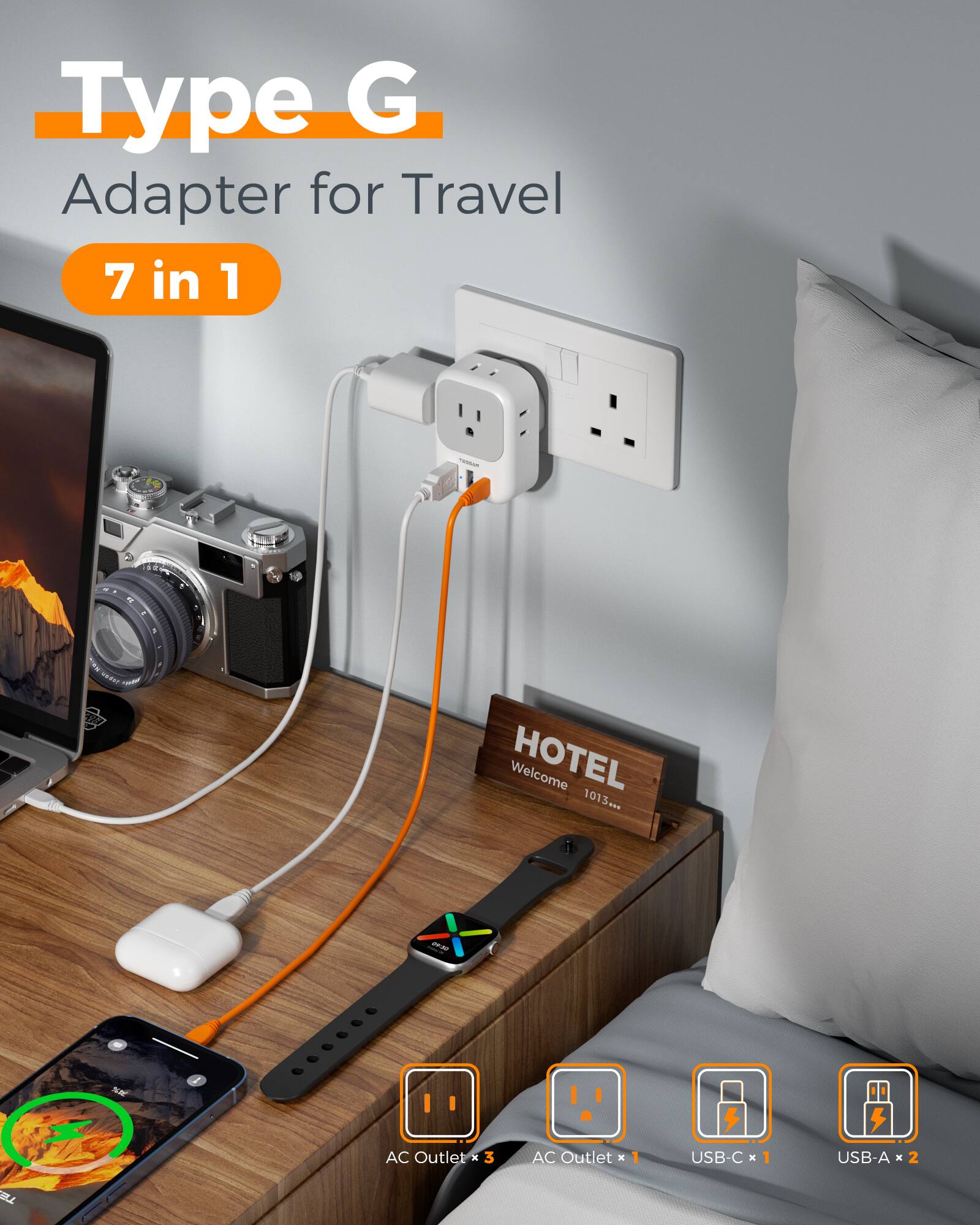Type G Adapter for Travel 7 in 1

MA - HOTEL Welcome 1013

101 m NE

AC Outlet x 3

AC Outlet x 1

USB-C x 1

USB-A x 2