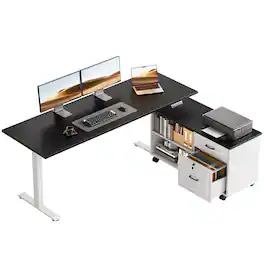 OffiGo - L Shaped Electric Standing Desk with Drawers & File Cabinet, Height Adjustable Computer Desk for Home Office - Black+white
