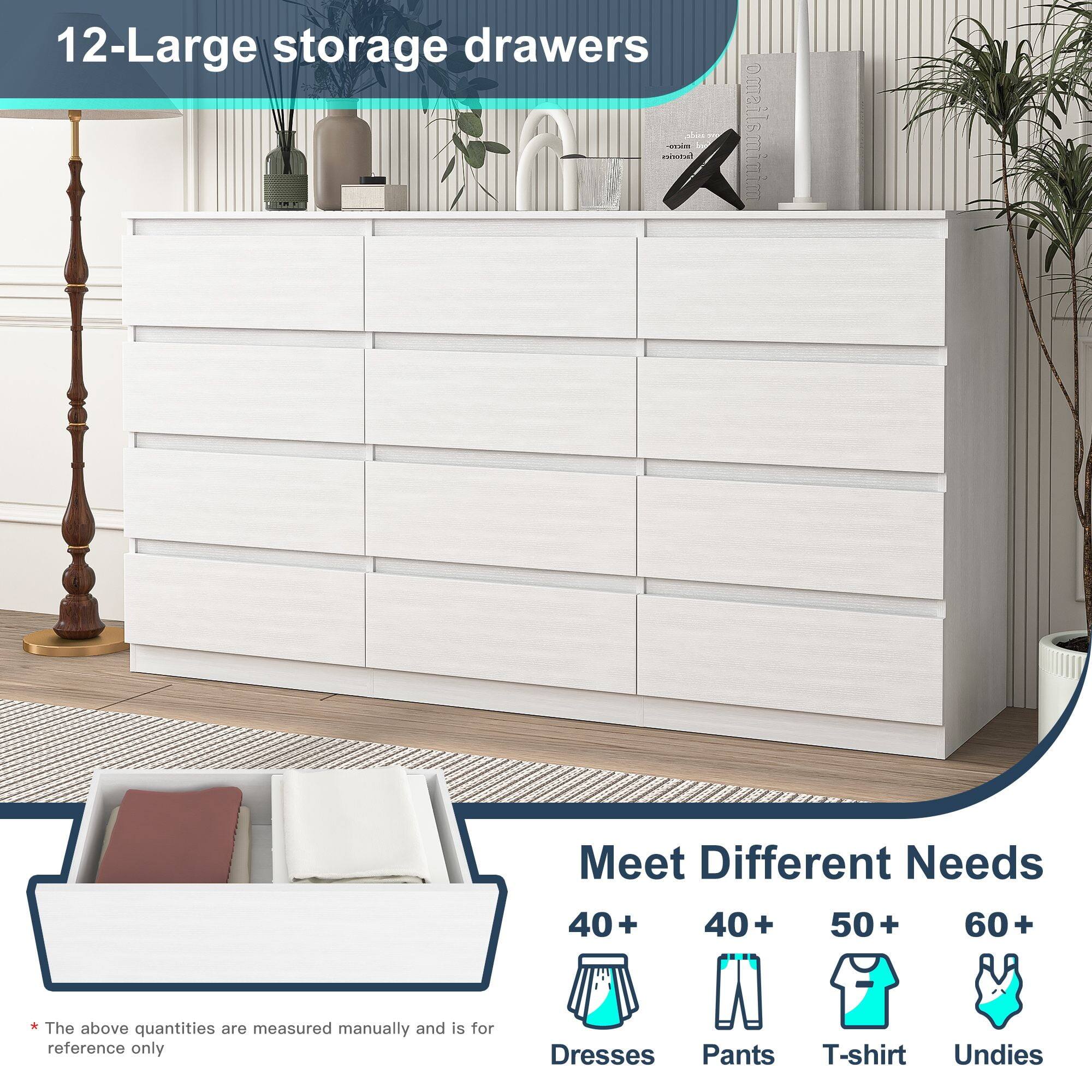 12-Large storage drawers

Meet Different Needs

40+ Dresses  
40+ Pants  
50+ T-shirt  
60+ Undies  

*The above quantities are measured manually and is for reference only