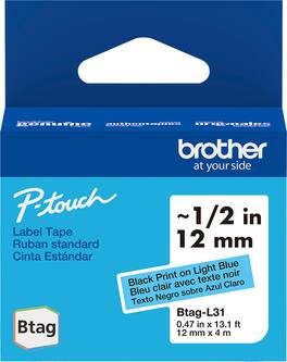 Brother - P-touch Btag Black on Light Blue Label Tape (BTAGL31), 1/2" x 13.1' (12mm x 4m), For use with PT-N10, PT-N20, PT-N25BT