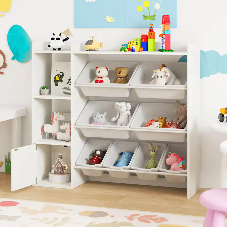 Small White Box Rack Costway Kids Toy Storage and Bookshelf, Wooden Bookcase with 4 Small ...