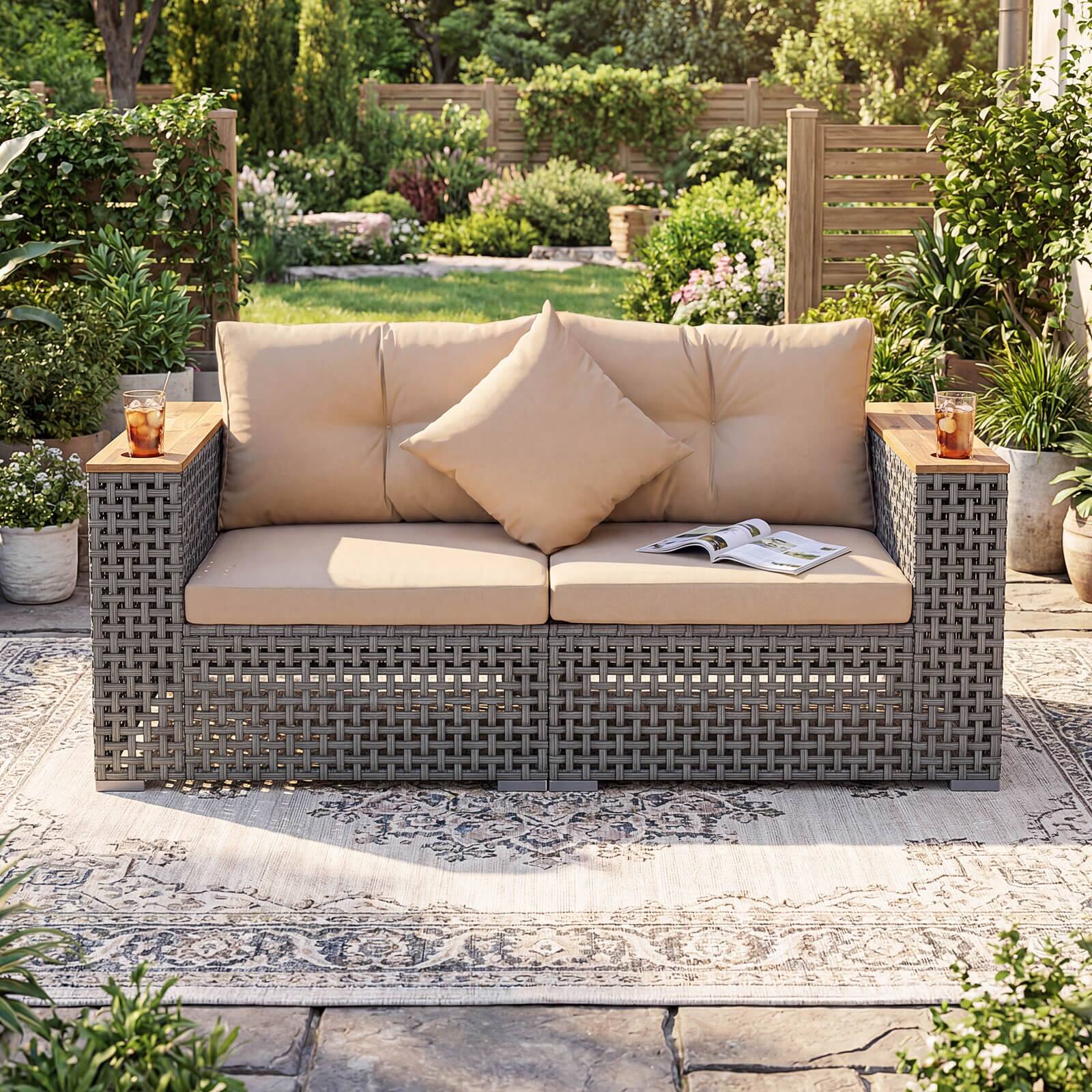 Alt View 1. Costway - Costway 2 PCS Patio Corner Sofa Set with Thick Cushions Wide Acacia Wood Armrests for Garden - Gray + Brown.