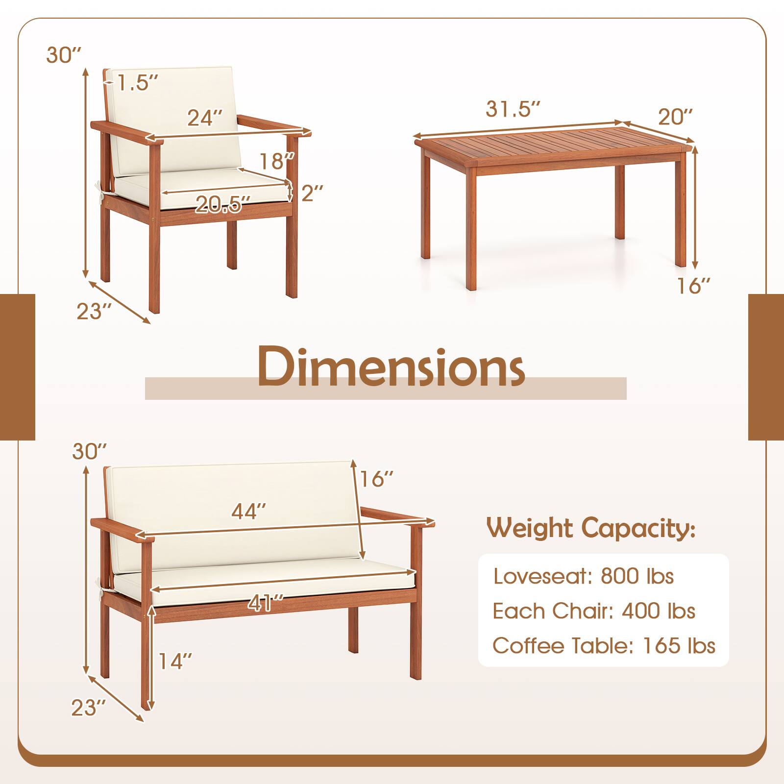 Dimensions: 30" x 1.5" x 24" x 31.5"
Weight Capacity: Loveseat: 800 lbs, Each Chair: 400 lbs, Coffee Table: 165 lbs
Dimensions: 20" x 18" x 2" x 20.5"
Weight Capacity: 16" x 30" x 44" x 16"
Dimensions: 23" x 23"