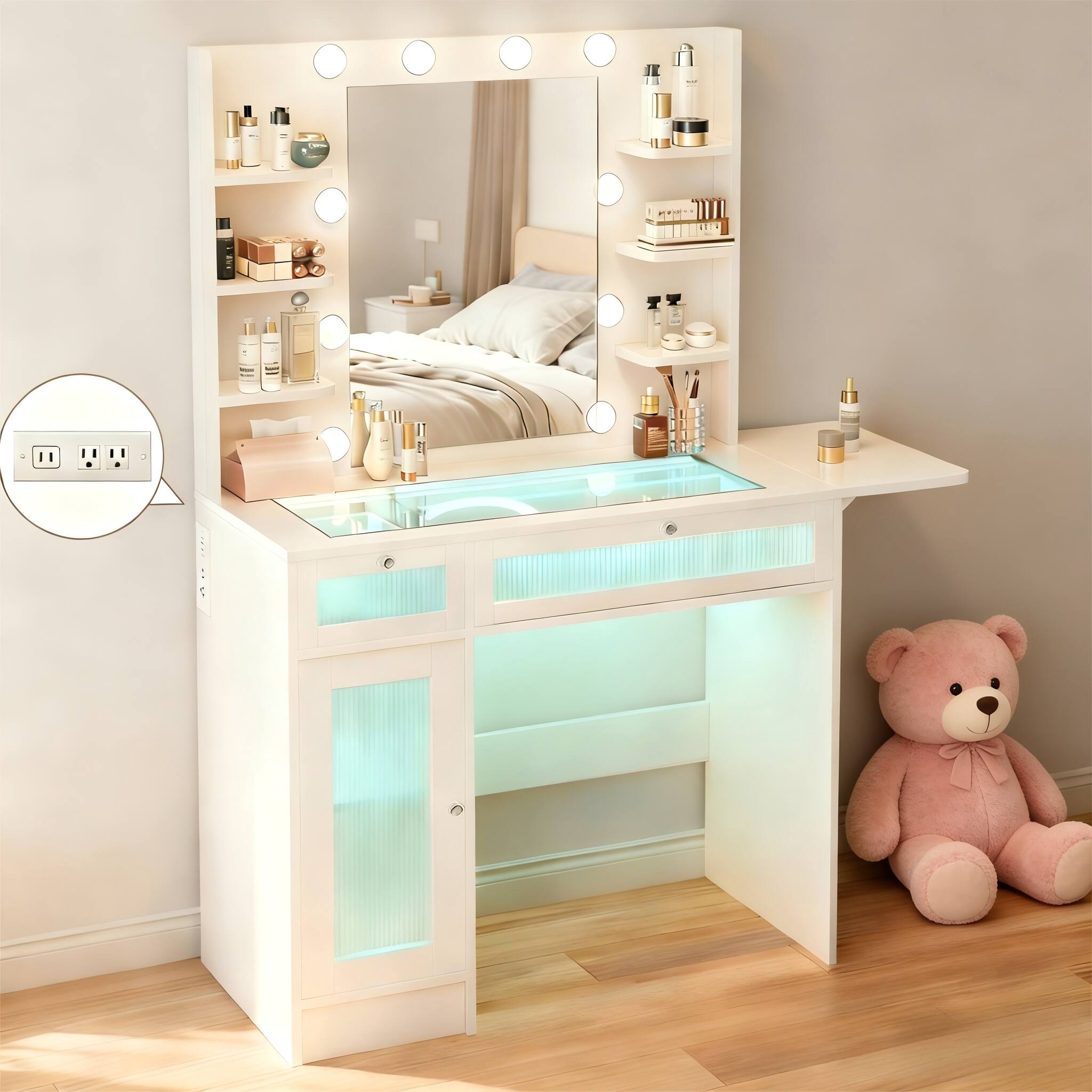 Front. Dyonery - Dyonery white dressing table is equipped with a mirror and a desk lamp, and comes with a USB charging port - White.