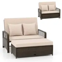 Costway Patio Rattan Daybed Wicker Loveseat Sofa with Multifunctional Ottoman - Mix Brown + Beige - Front_Zoom