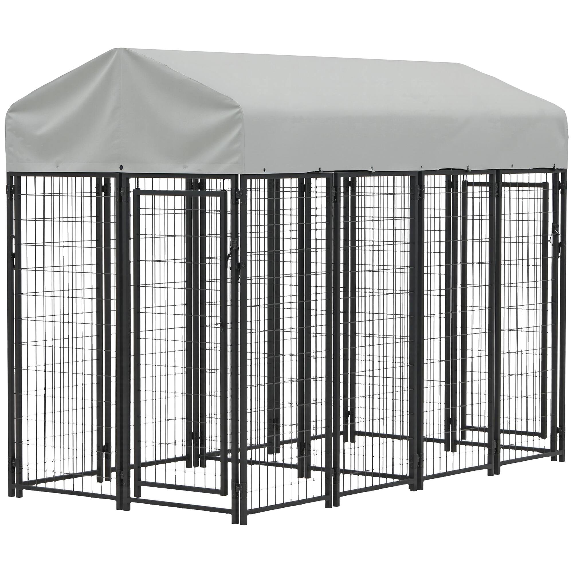 Front. Pawhut - Dog Kennel with Two-Room Design, Water-Resistant & Sun-Proof Cover, for S, M, L Dogs - Silver.