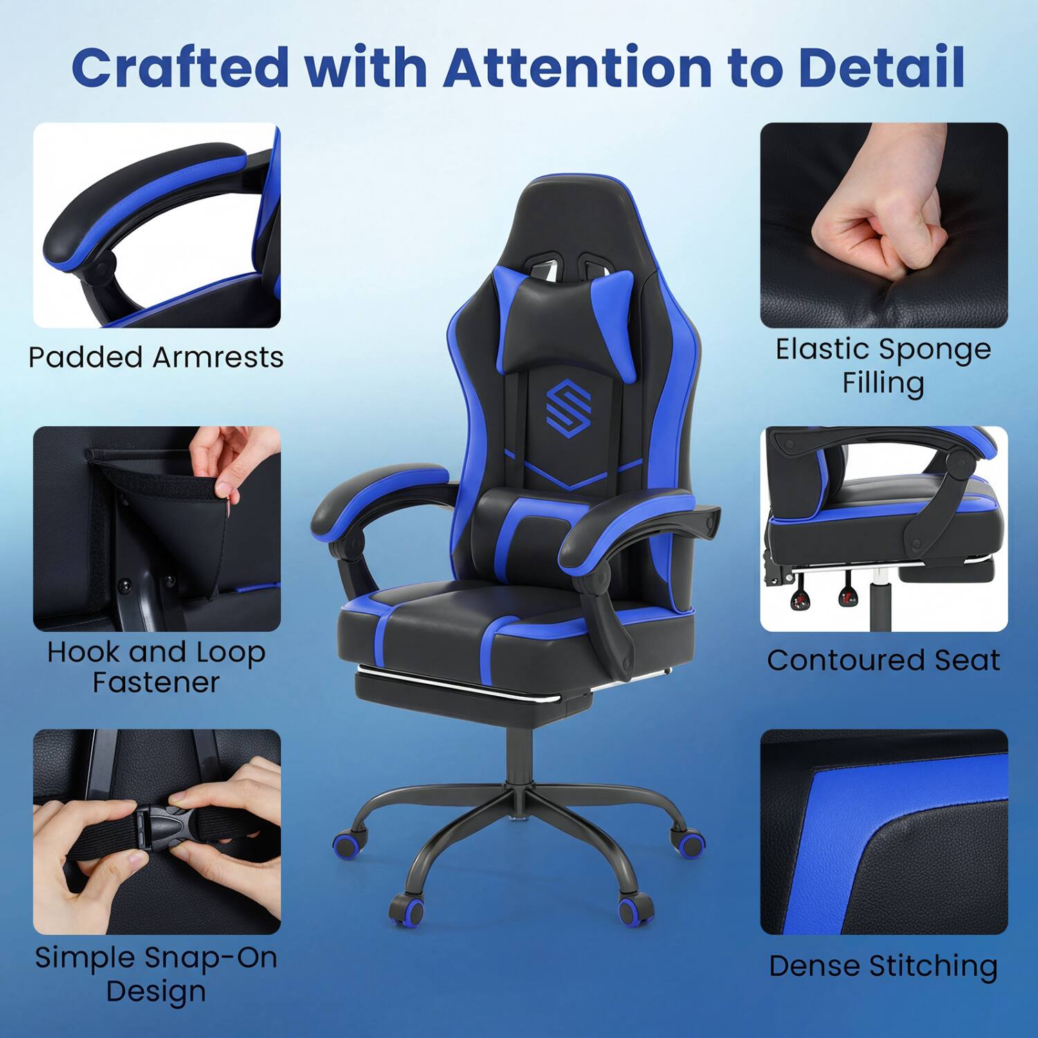 Crafted with Attention to Detail

- Padded Armrests
- Elastic Sponge Filling
- Hook and Loop Fastener
- Contoured Seat
- Simple Snap-On Design
- Dense Stitching