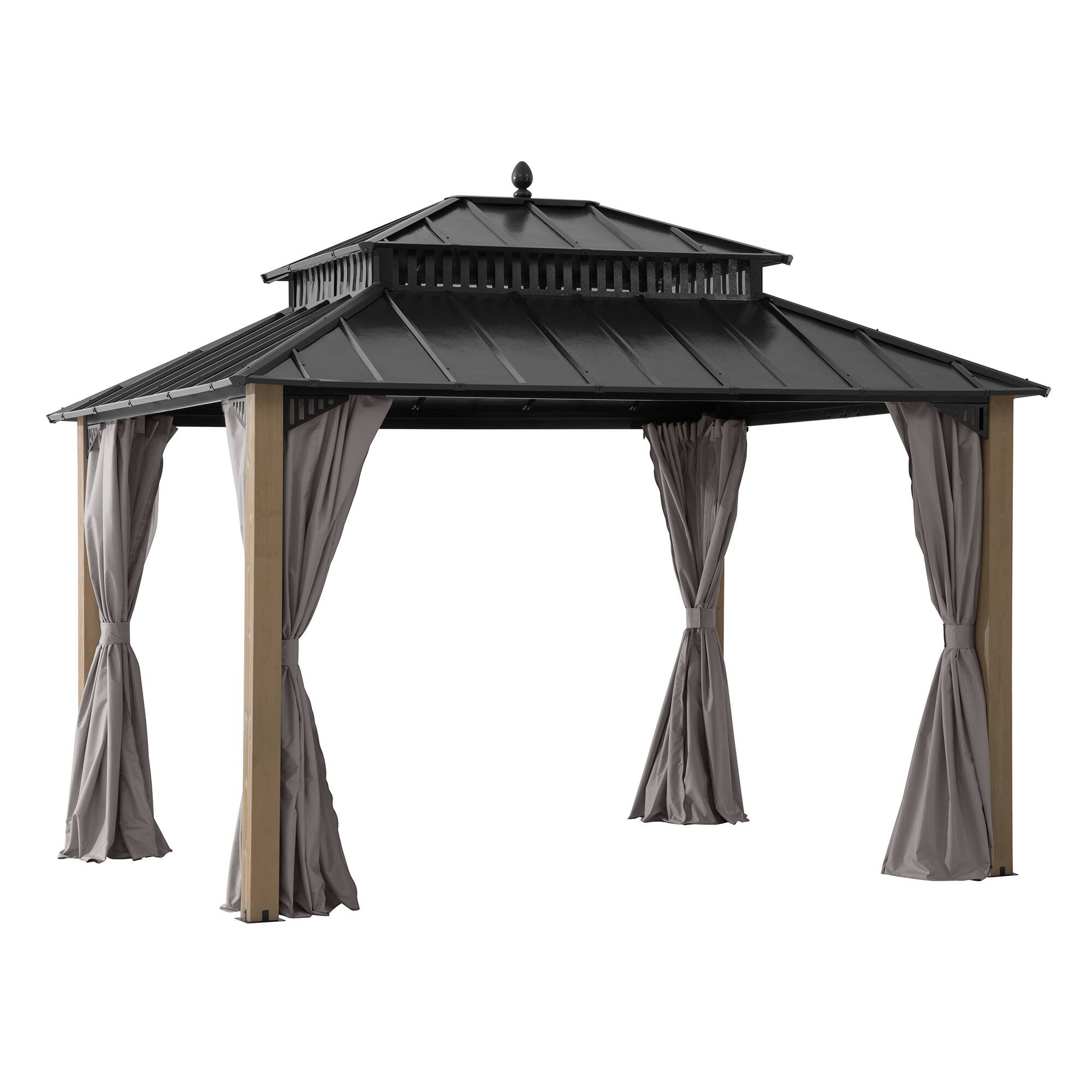 Angle. SUNJOY - SUNJOY Kingston 12x10 Gazebo, Steel Hardtop Gazebo with Curtain and Netting - Cedar Posts - Black.