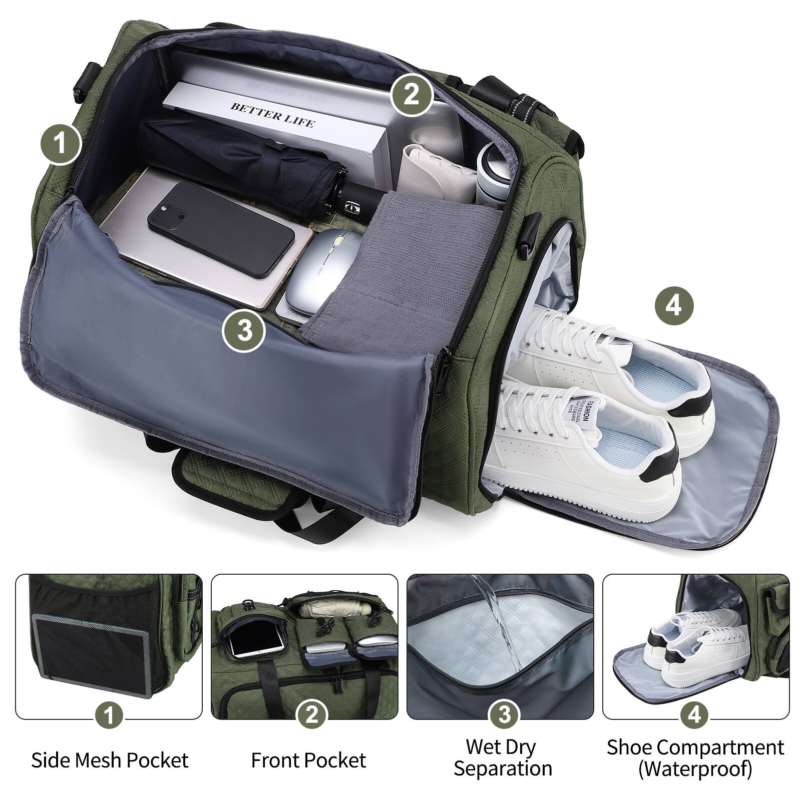 1. BETTER LIFE
2. TAGMION
3. Side Mesh Pocket
4. Front Pocket
5. Wet Dry Separation
6. Shoe Compartment (Waterproof)