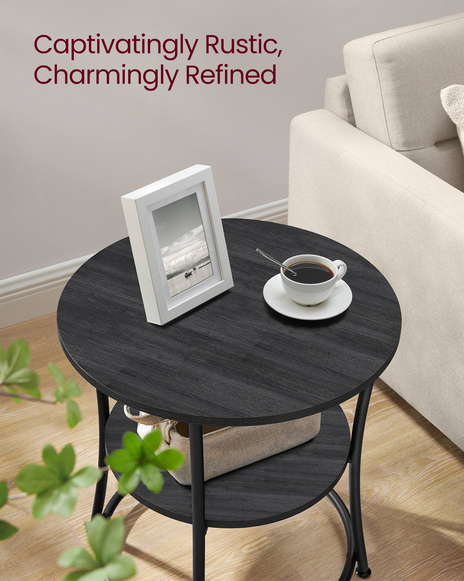 Songmics Home Side Table,End Table with 2 Shelves,Small Round
