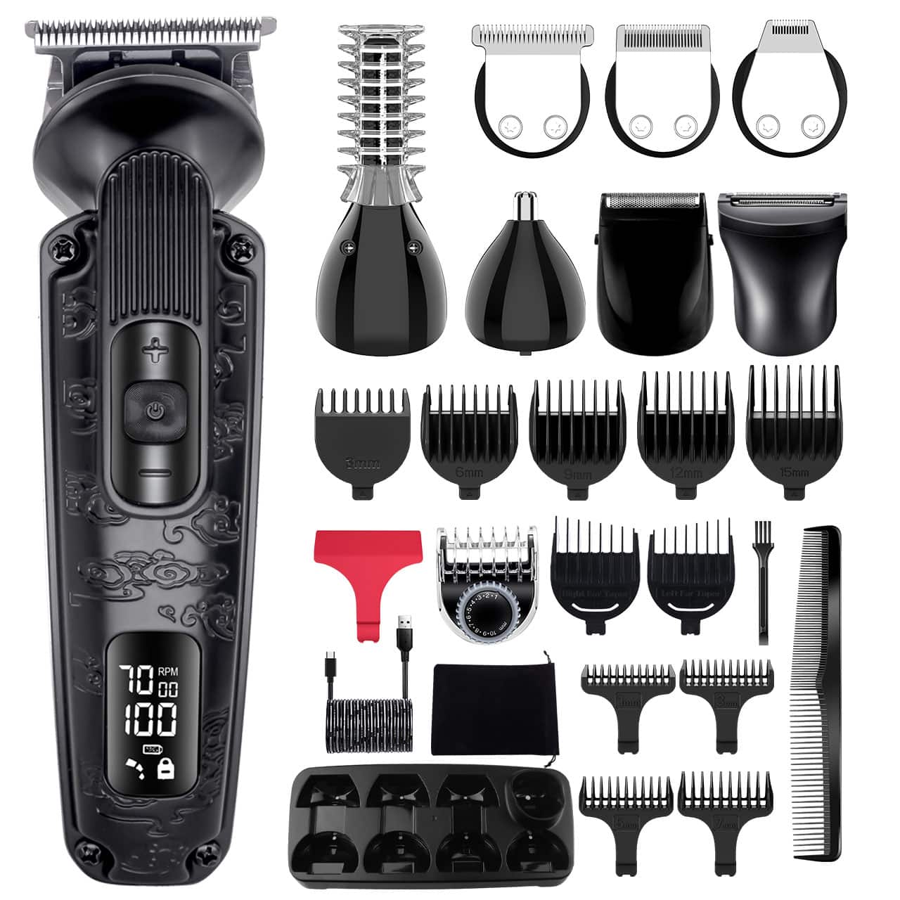 HATTEKER - 8-in-1 Men's Grooming Kit, Hair & Beard Trimmer, Foil Shaver, Nose & Body Trimmer, IPX6, USB-C - Black