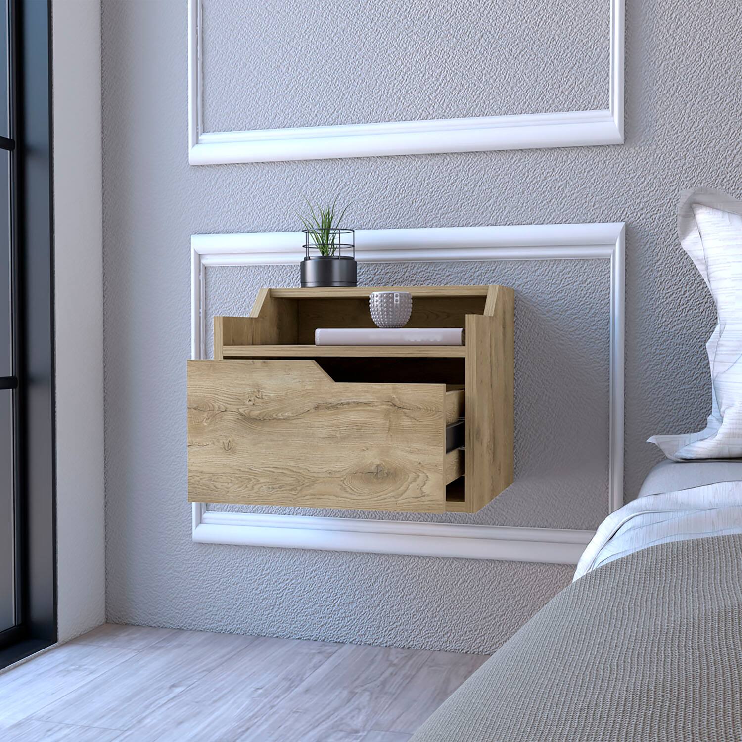 Alt View 3. Tiramisubest - Floating Nightstand with Spacious Drawer and Dual-Tier Surface - Beige.