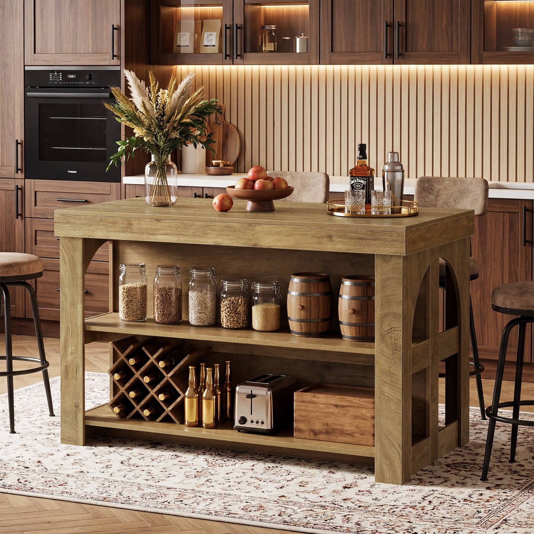 Angle. Tribesigns - Kitchen Island with Engineered Wood Construction, Storage Shelves and Rectangular Top for Kitchen - Brown.