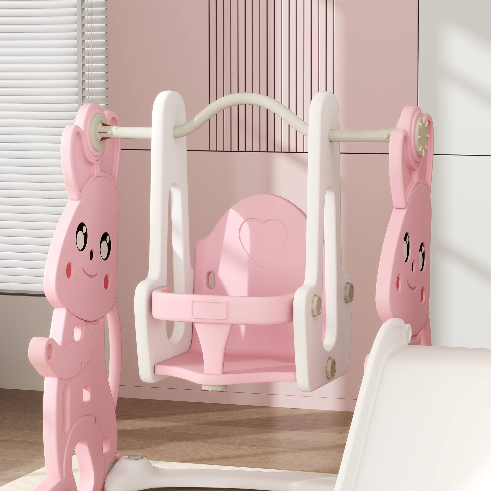 Alt View 4. Qaba - 4 in 1 Toddler Slide and Swing Set, Kids Playset, Ages 1.5-4, Rabbit Themed, Climber, Basket Hoop, Indoor Outdoor.