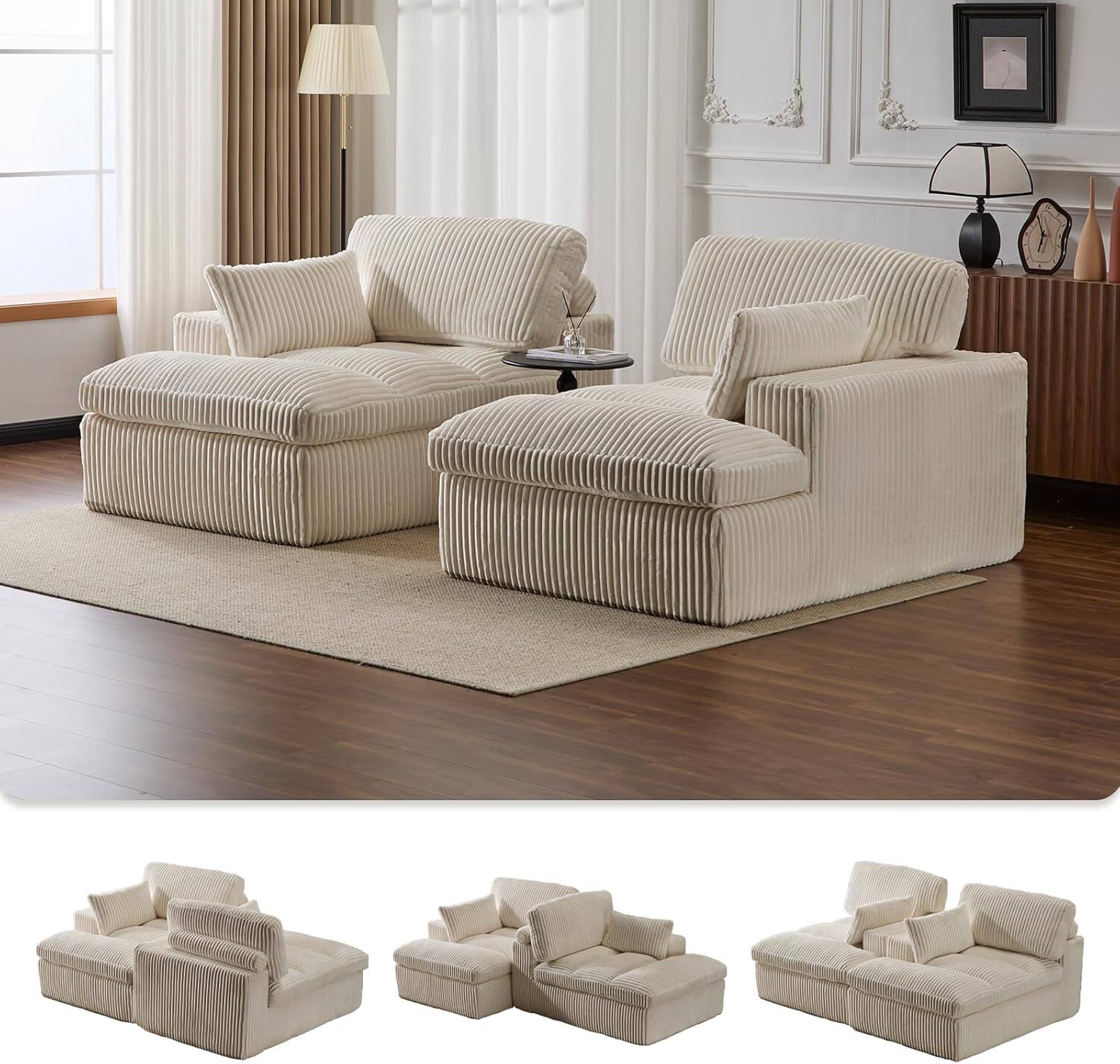 Alt View 2. Trinkets Crazed - Modular Loveseat Double Chaise Lounge Sofa Corduroy Sectional Sofa Boneless Couch - white.