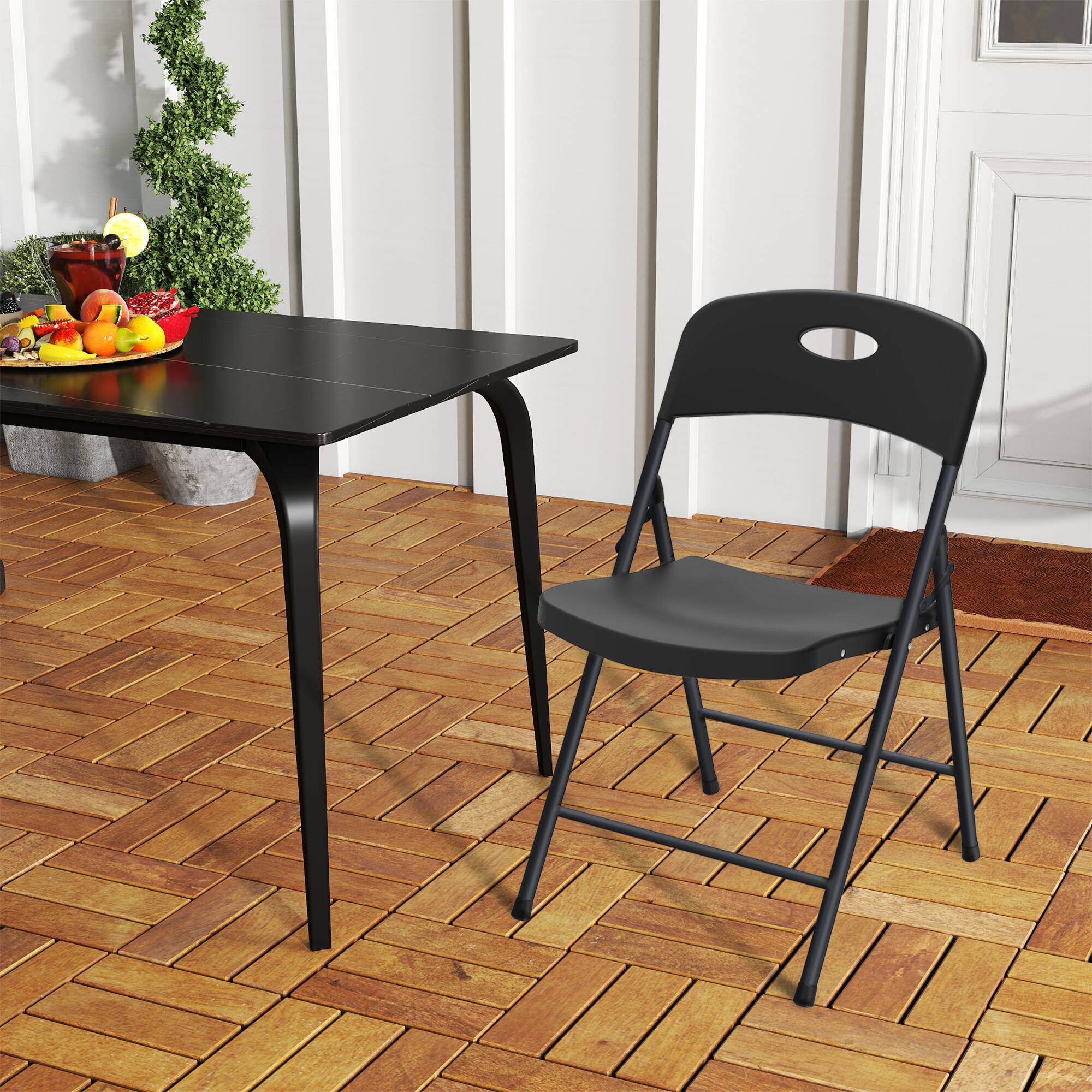 Angle. Decksplore - Folding Chair Set of Four, PU Leather Folding Chair, Heavy-Duty Portable Foldable Metal Commercial Chair - Black.