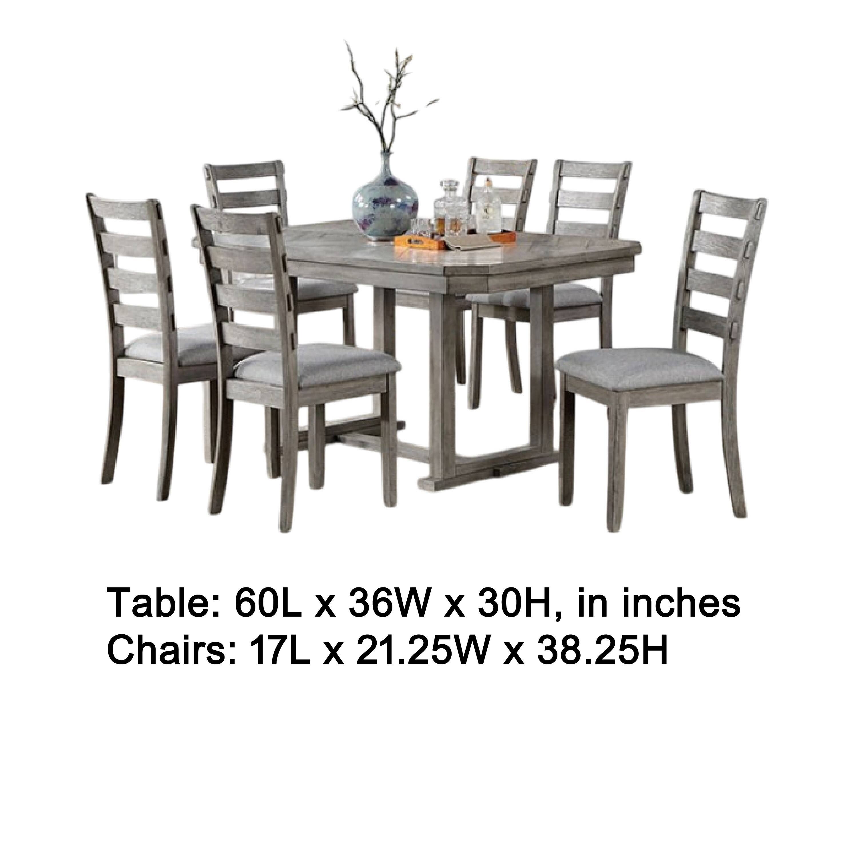 Table: 60L x 36W x 30H, in inches  
Chairs: 17L x 21.25W x 38.25H