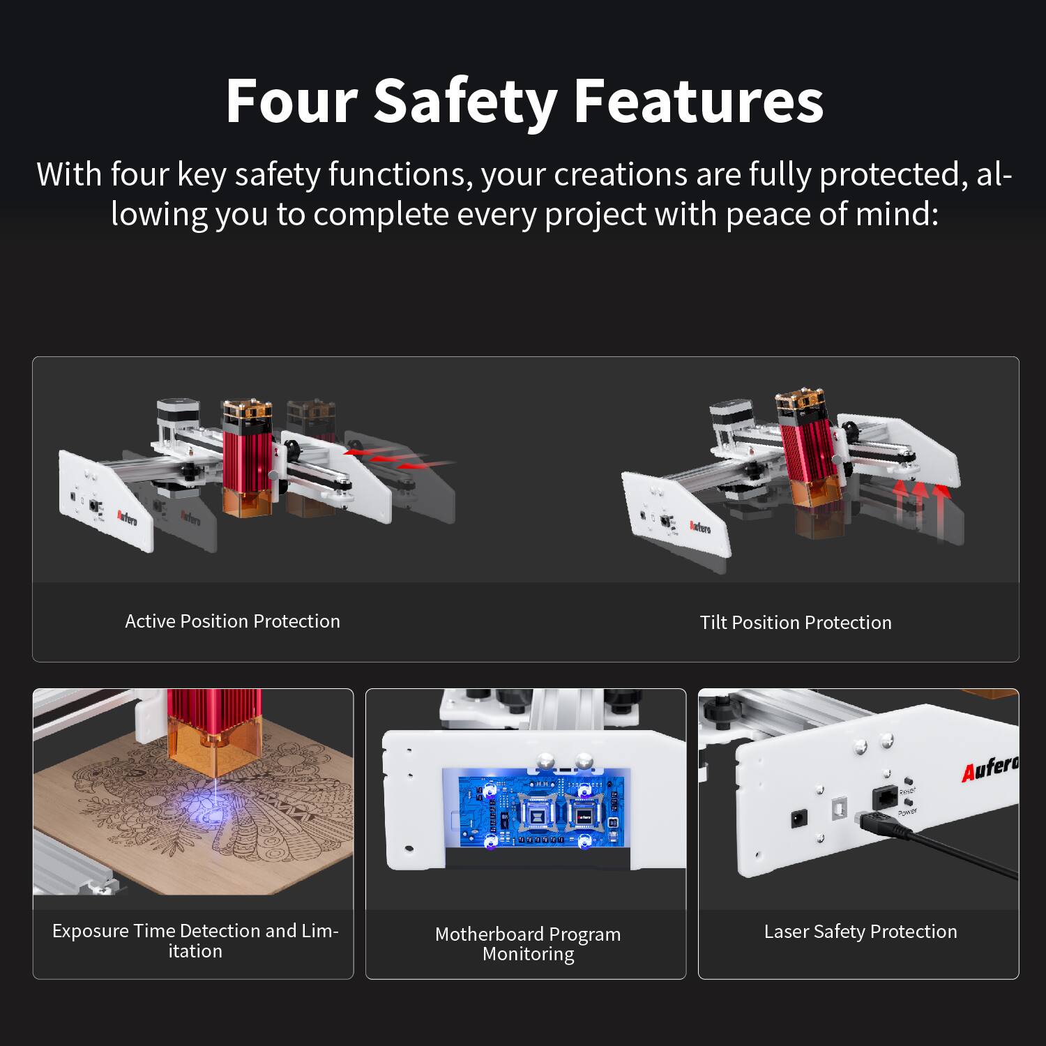 Four Safety Features

With four key safety functions, your creations are fully protected, allowing you to complete every project with peace of mind:

- Active Position Protection
- Tilt Position Protection
- Exposure Time Detection and Limitation
- Motherboard Program Monitoring
- Laser Safety Protection