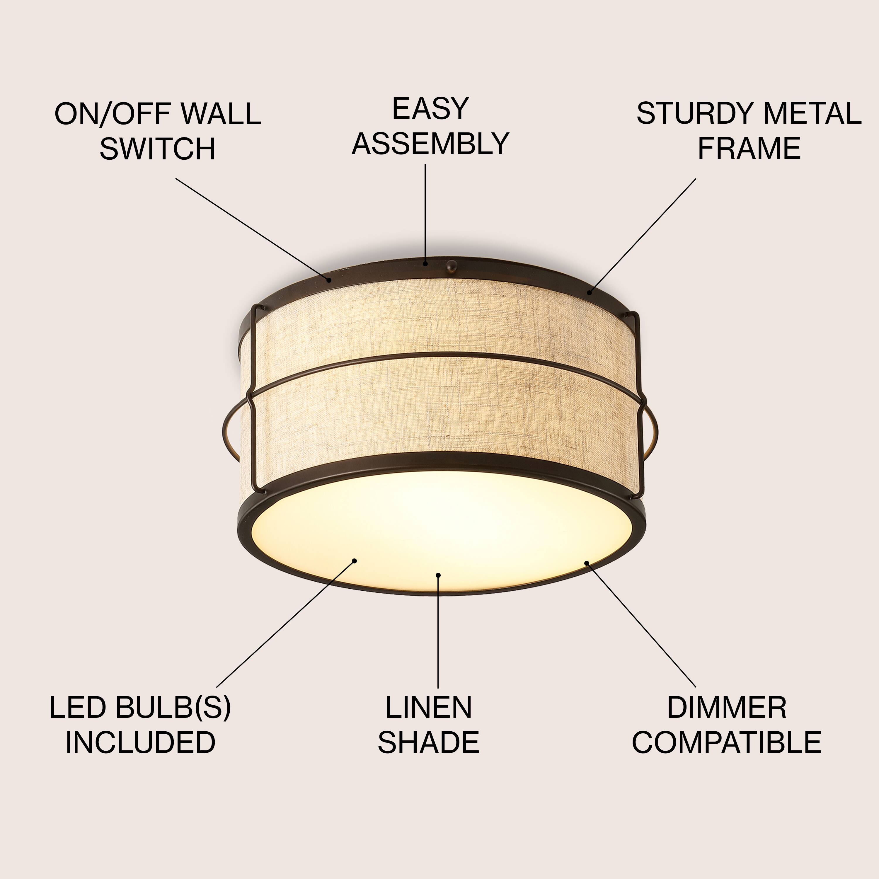 ON/OFF WALL SWITCH  
EASY ASSEMBLY  
STURDY METAL FRAME  
LED BULB(S) INCLUDED  
LINEN SHADE  
DIMMER COMPATIBLE