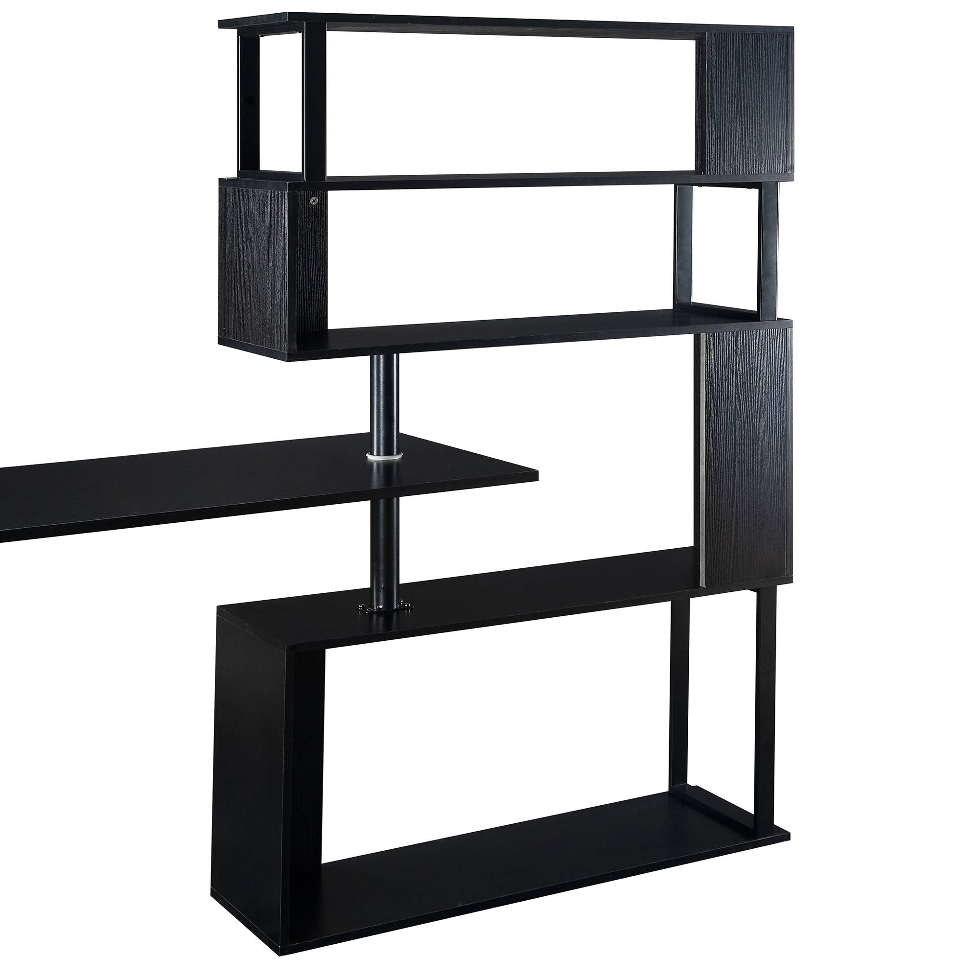 Alt View 6. GOODSILO - L-Shaped Corner Computer Desk with Rotating Table & 5-Tier Bookshelf - Lockable Casters - Black.
