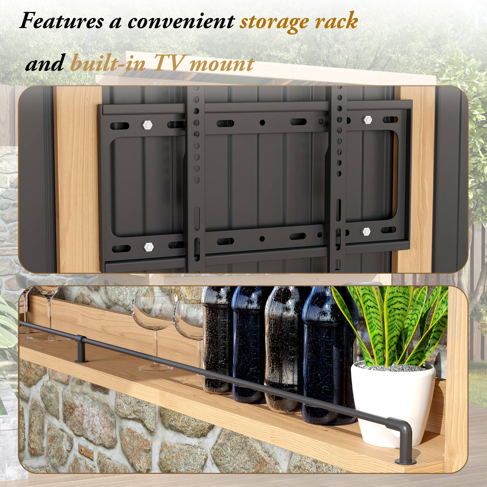 Features a convenient storage rack and built-in TV mount