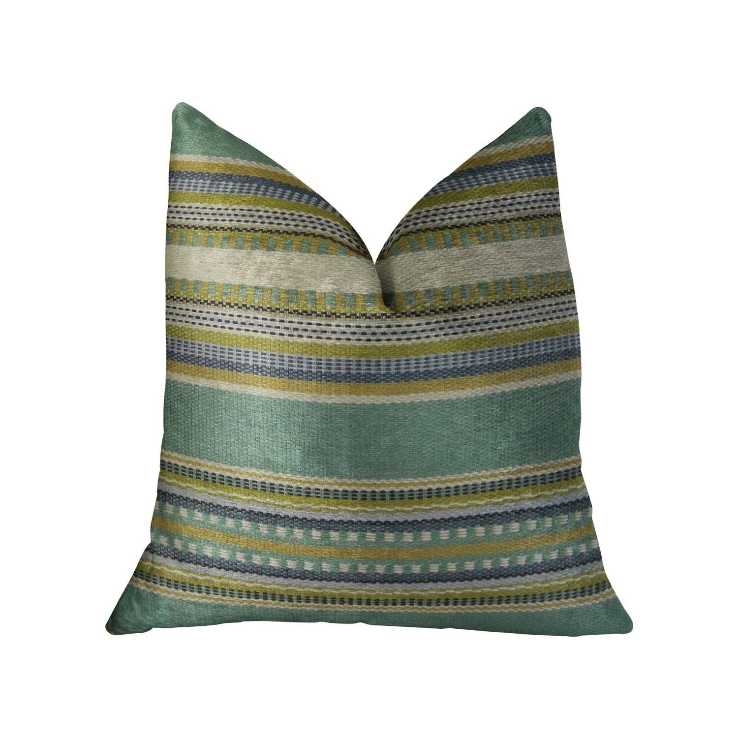 Front. Plutus Brands - South Shore Jungle and Handmade Luxury Pillow - Double sided 20" x 30" Queen - Light Blue, Green, Cream.