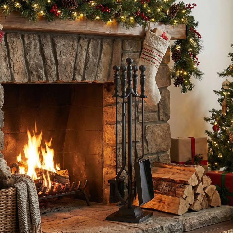 Alt View 2. Mondawe - 5-Pieces Fireplace Tool Set Indoor Outdoor Fire Place Set Tools with Aluminum Handles - Black.