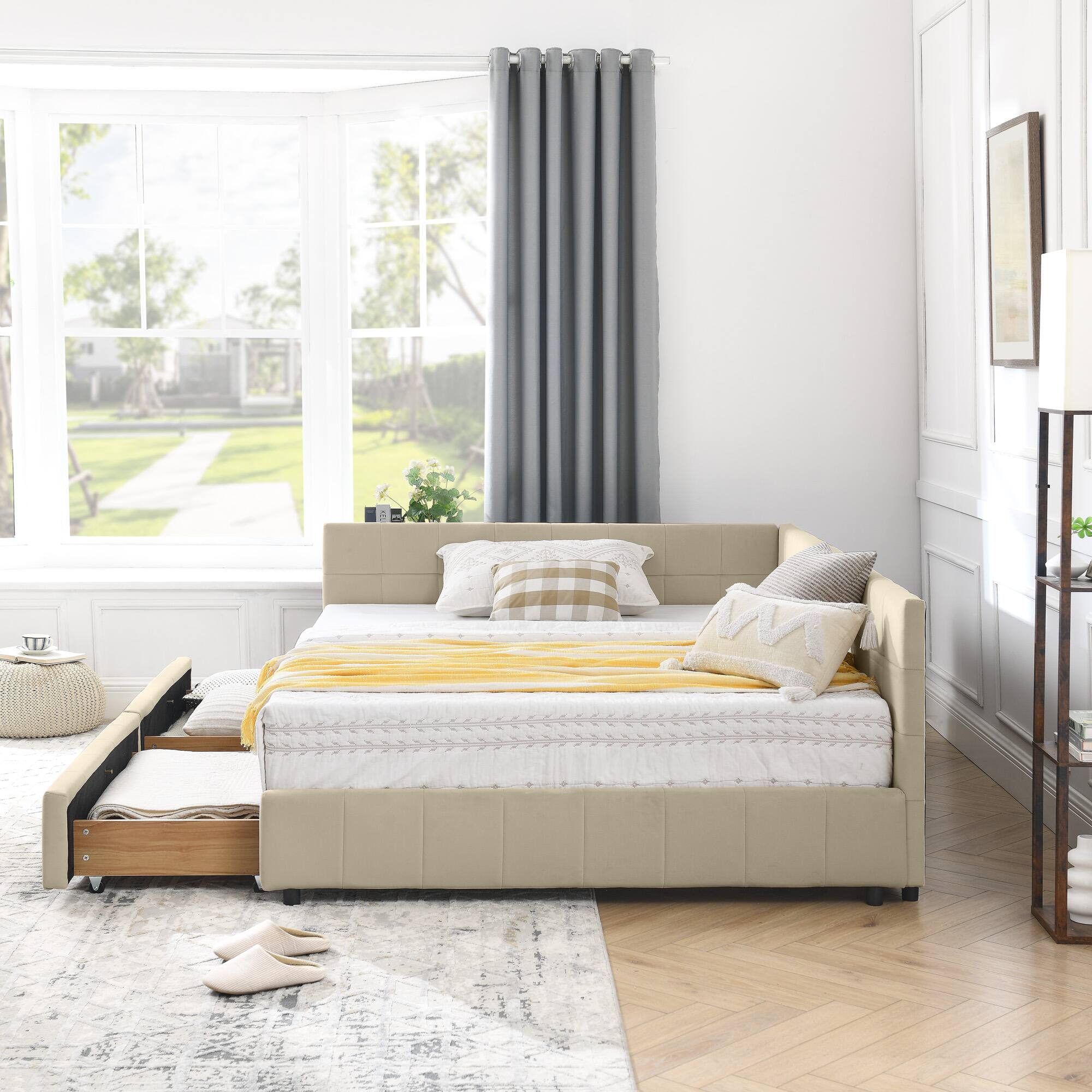 Back. Anysun - Full Size Velvet Tufted Storage Bed Frame - Sofa Bed with Backrest & Armrests for Bedroom or Living Room - Beige.