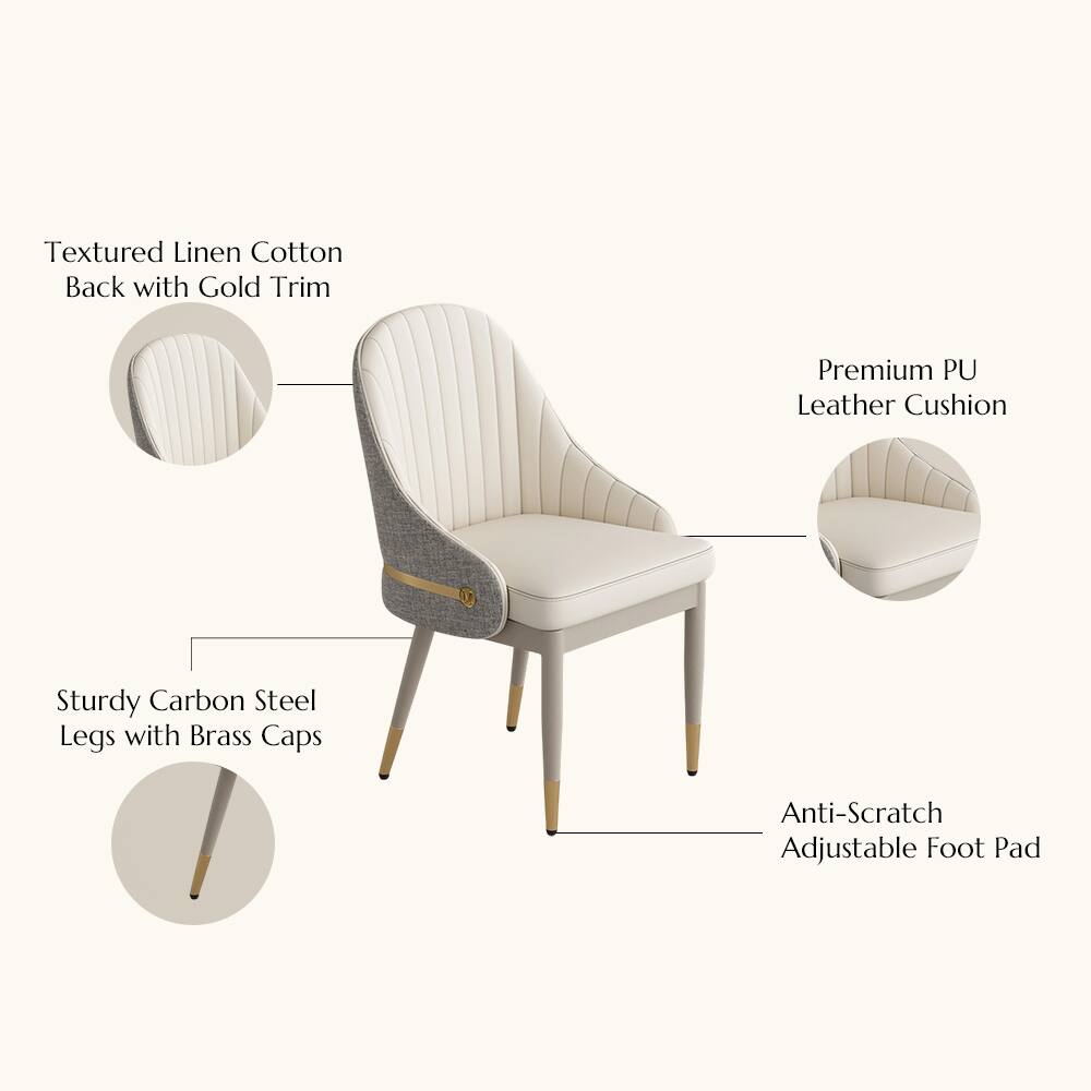 Textured Linen Cotton Back with Gold Trim  
Premium PU Leather Cushion  
Sturdy Carbon Steel Legs with Brass Caps  
Anti-Scratch Adjustable Foot Pad