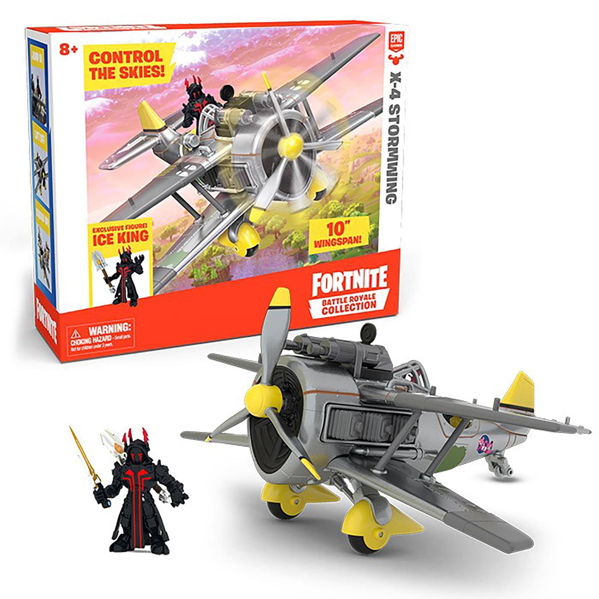 8+ CONTROL THE SKIES!  
EXCLUSIVE FIGURE: ICE KING  
WARNING: CHOKING HAZARD - Small parts. Not for children under 3 years.  
EPIC X-4 STORMWING  
10" WINGSPAN!  
FORTNITE ROYALE BATTLE COLLECTION