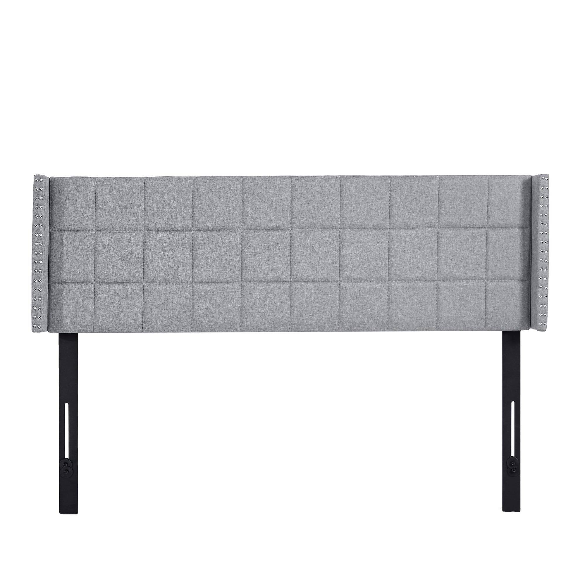 Front. Vecelo - Adjustable Linen Queen Headboard with Wingback, Tufted Upholstered Design for King or Queen Bed, Nailhead Trim - Light Grey.