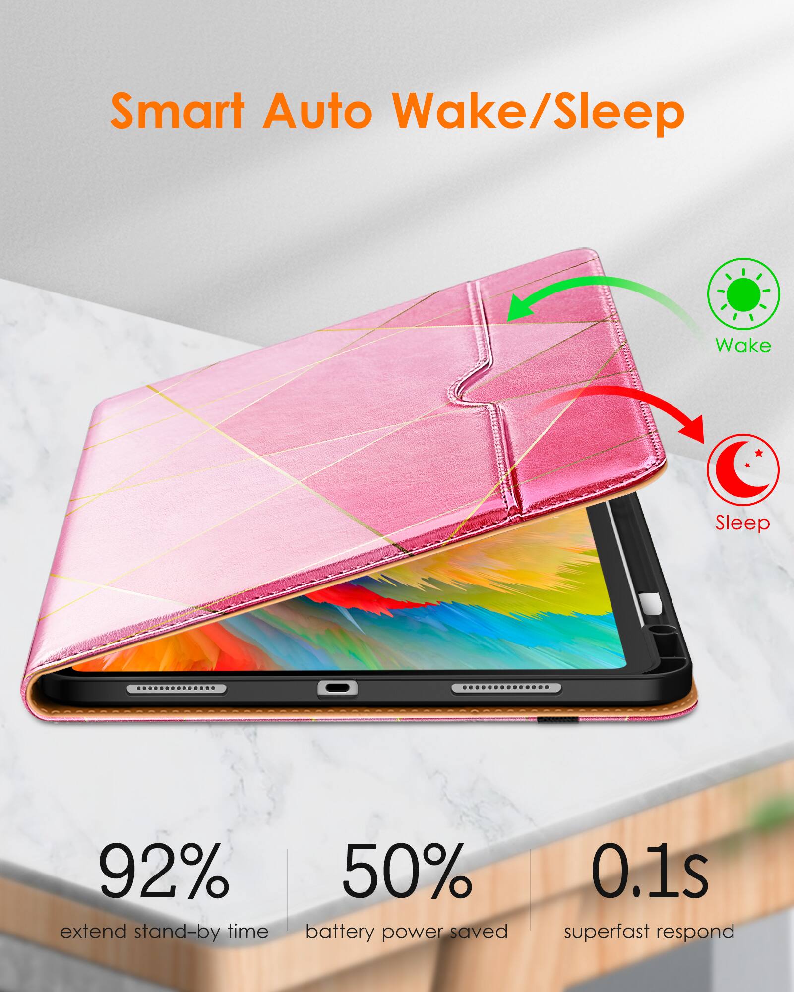 Smart Auto Wake/Sleep

- 92% extend stand-by time
- 50% battery power saved
- 0.1s superfast respond

Wake
Sleep
