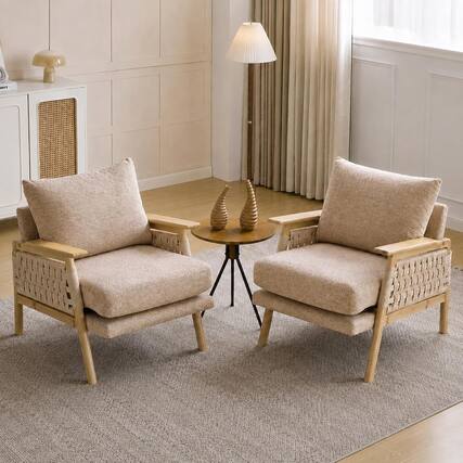 Front. Winado - Boho Rattan Braided Chenille Accent Chair Set of 2 with Solid Wood 3.15" Wide Armrestswith Lumbar Pillow for Living Room - Khaki.