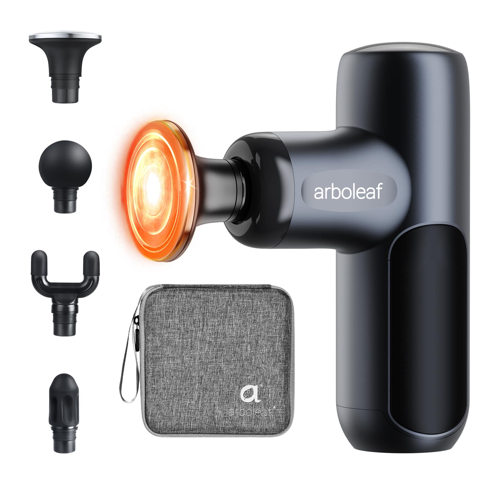 Arboleaf - Mini Massage Gun with Heat, Portable Quiet Percussion Massager, Travel Size, Case - Dark gray with metal head