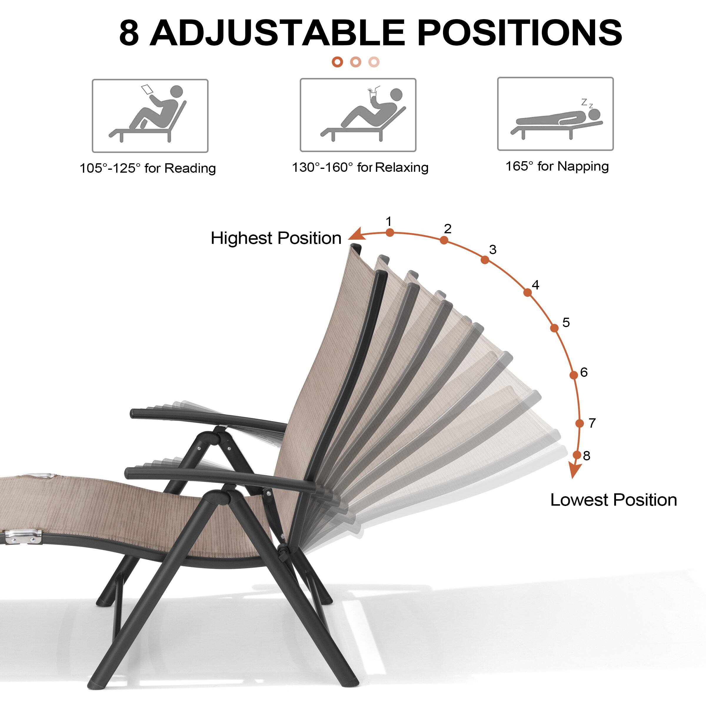 8 Adjustable Positions

105°-125° for Reading  
130°-160° for Relaxing  
165° for Napping  

Highest Position  
1 2 3 4 5 6 7 8  
Lowest Position