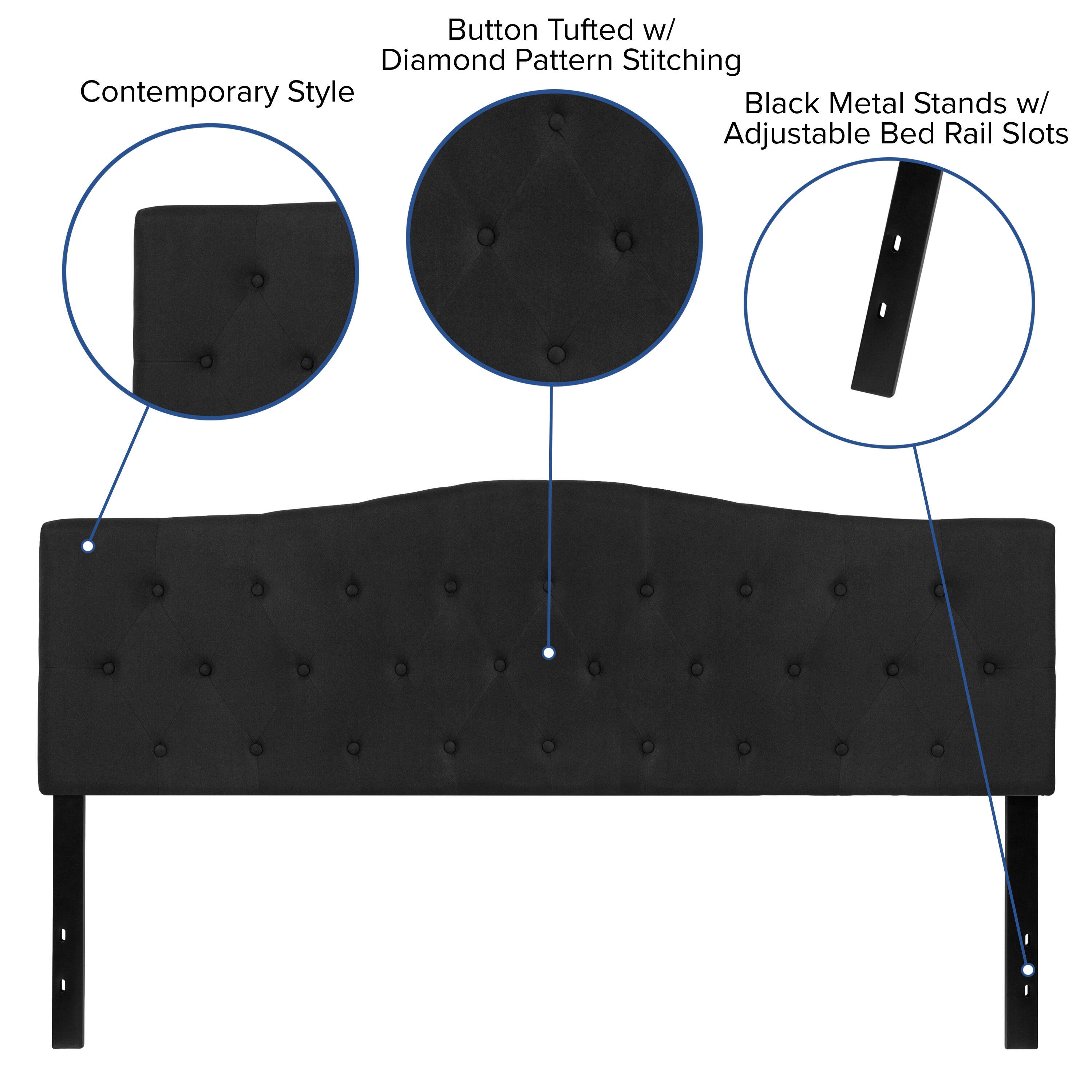 Button Tufted w/ Diamond Pattern Stitching  
Contemporary Style  
Black Metal Stands w/ Adjustable Bed Rail Slots
