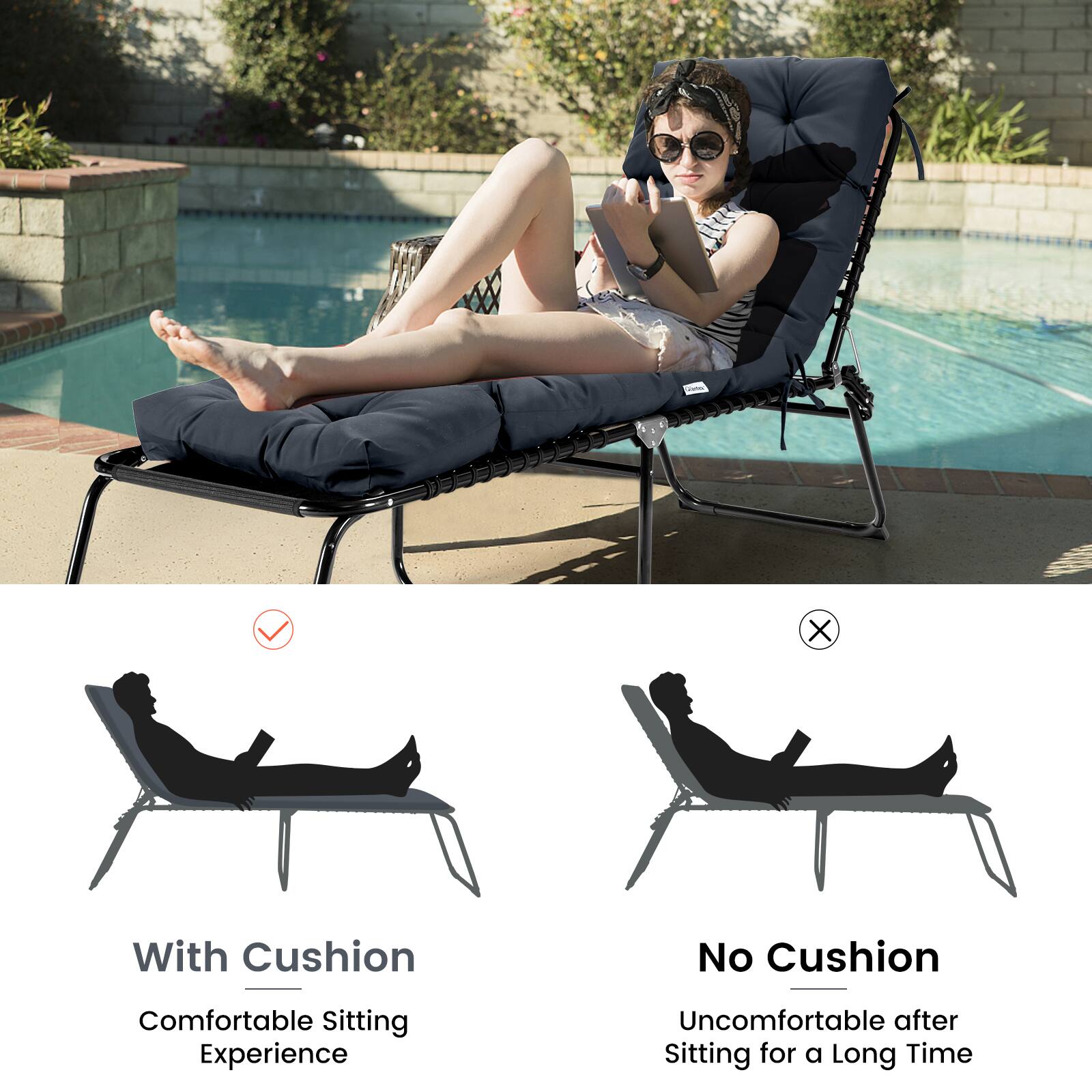 With Cushion  
Comfortable Sitting Experience

No Cushion  
Uncomfortable after Sitting for a Long Time