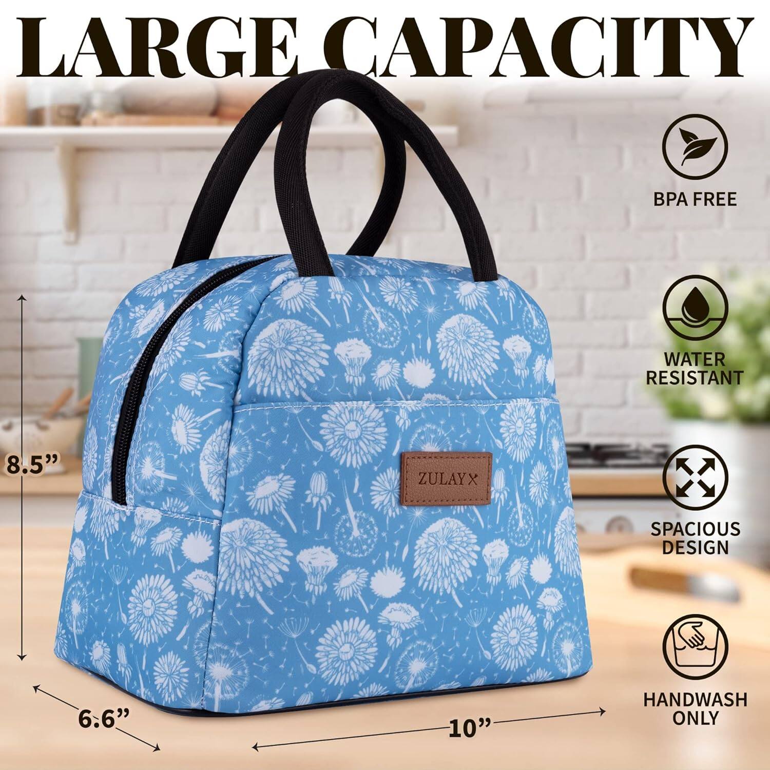 LARGE CAPACITY  
BPA FREE  
WATER RESISTANT  
SPACIOUS DESIGN  
HANDWASH ONLY  

8.5"  
6.6"  
10"