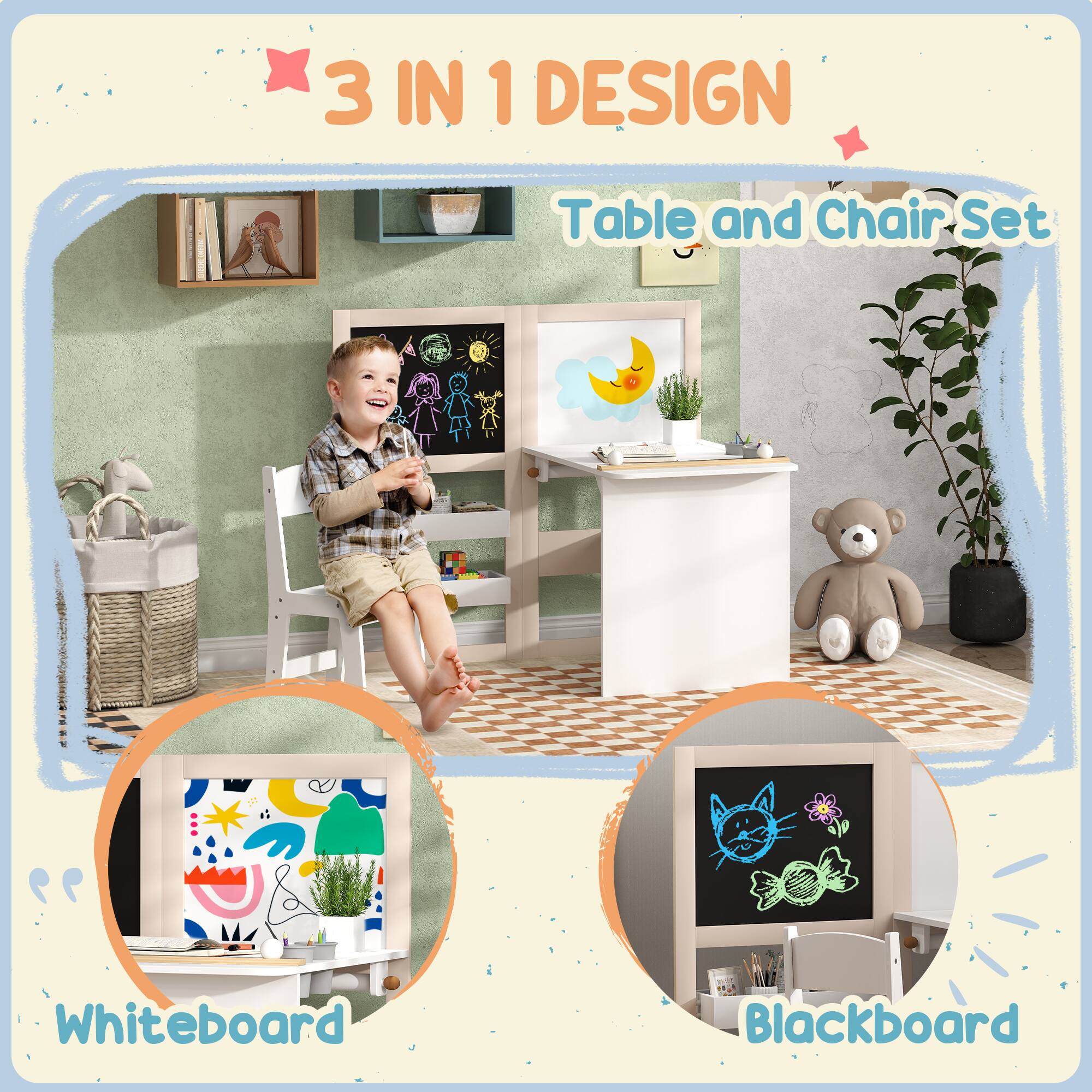 3 IN 1 DESIGN  
Table and Chair Set  

Whiteboard  
Blackboard