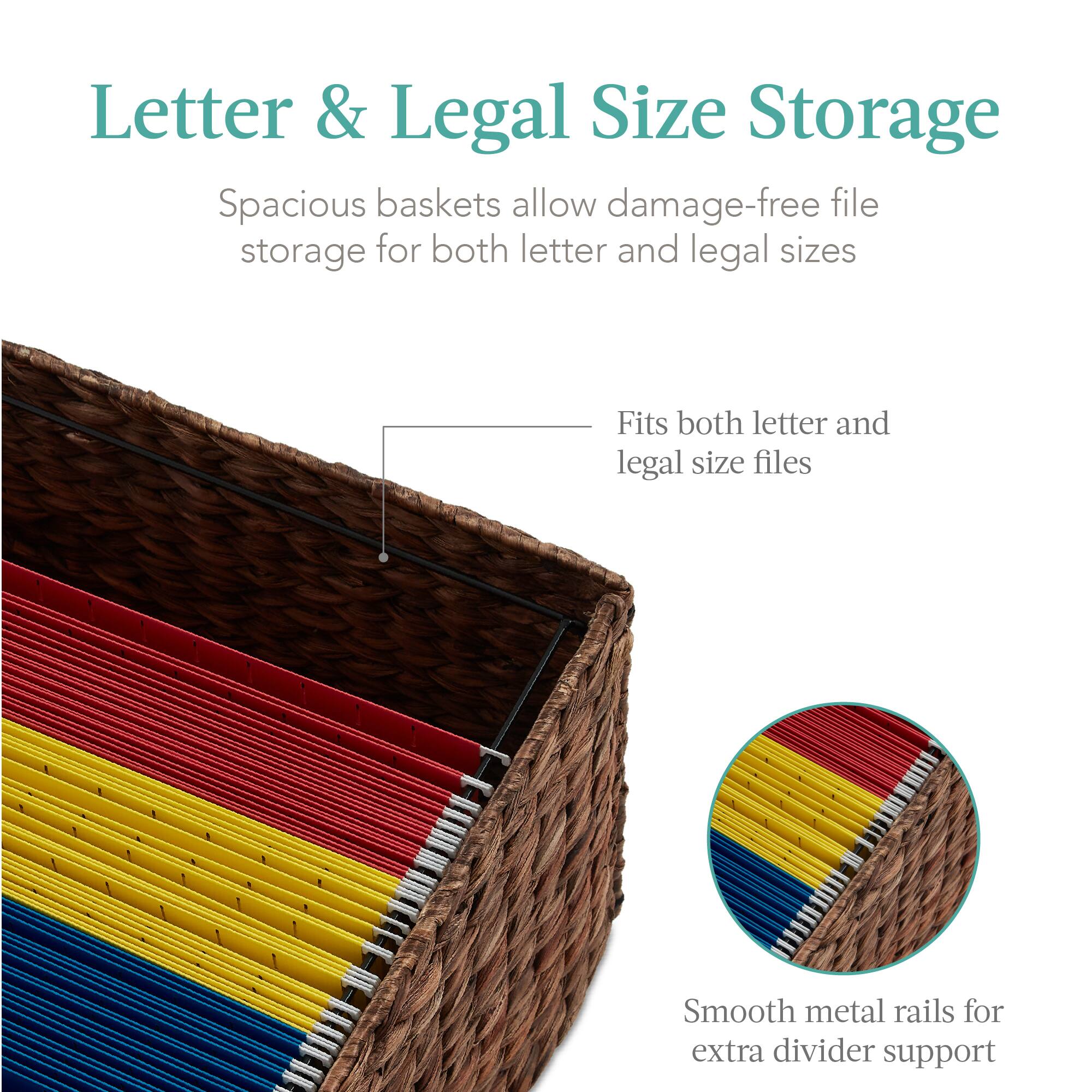 Letter & Legal Size Storage

Spacious baskets allow damage-free file storage for both letter and legal sizes

- Fits both letter and legal size files

- Smooth metal rails for extra divider support