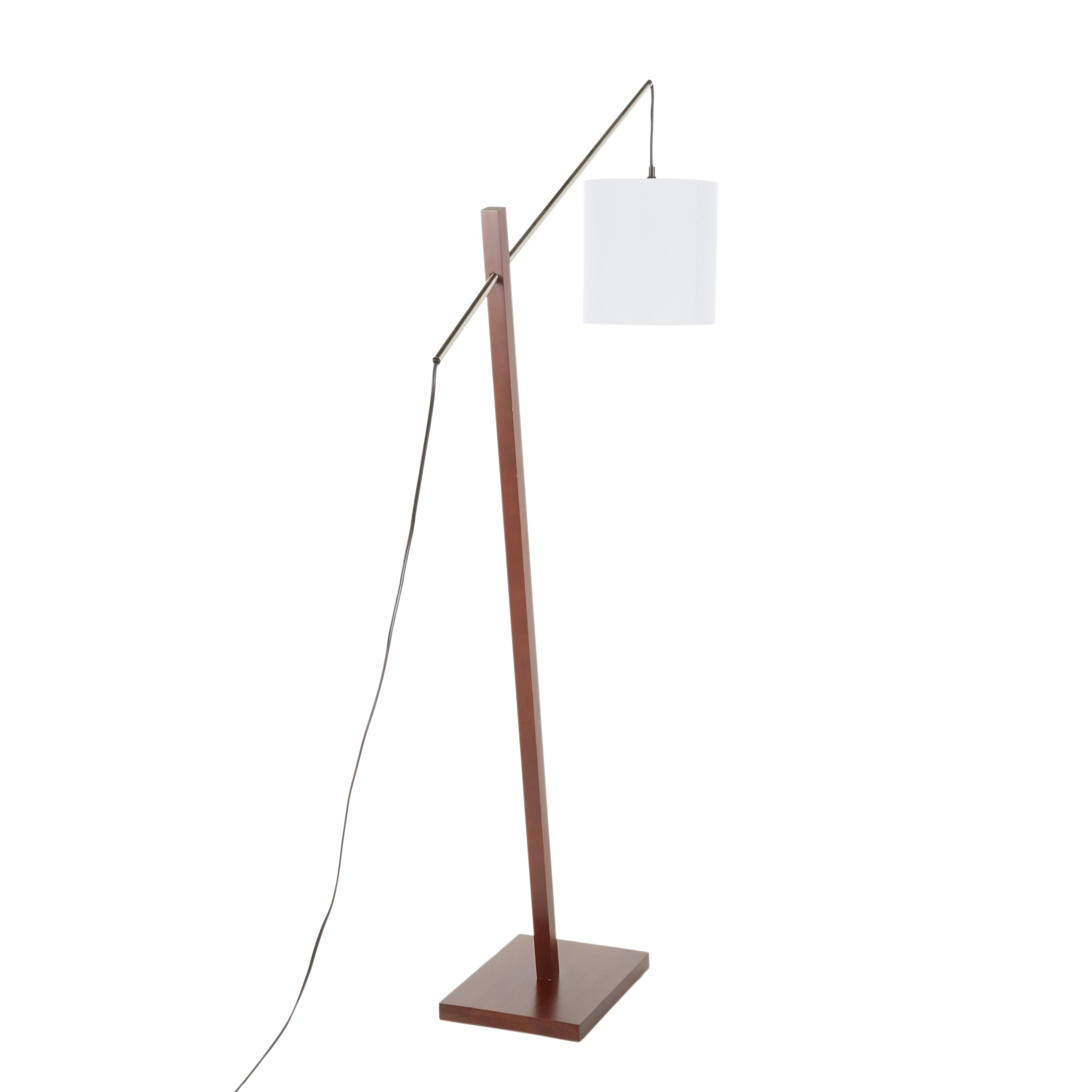 Back. Loheer - Loheer Contemporary Floor Lamp Walnut Wood White Fabric Shade Tall Standing Light for Living Room Bedroom 60in - Walnut.