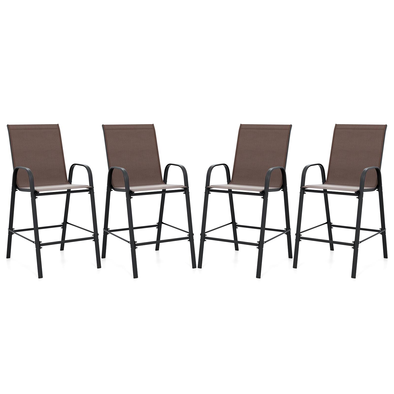 Front. Gymax - Gymax 4PCS Outdoor Bar Stools 29'' Fabric Bar Height Stools w/ Armrests & Footrest Brown - Brown.