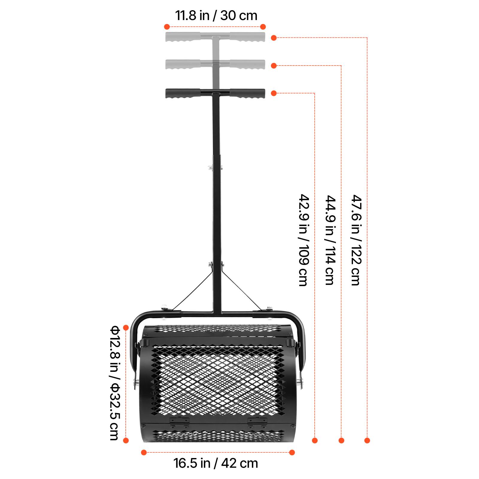 11.8 in / 30 cm  
42.9 in / 109 cm  
44.9 in / 114 cm  
47.6 in / 122 cm  
12.8 in / 32.5 cm  
16.5 in / 42 cm