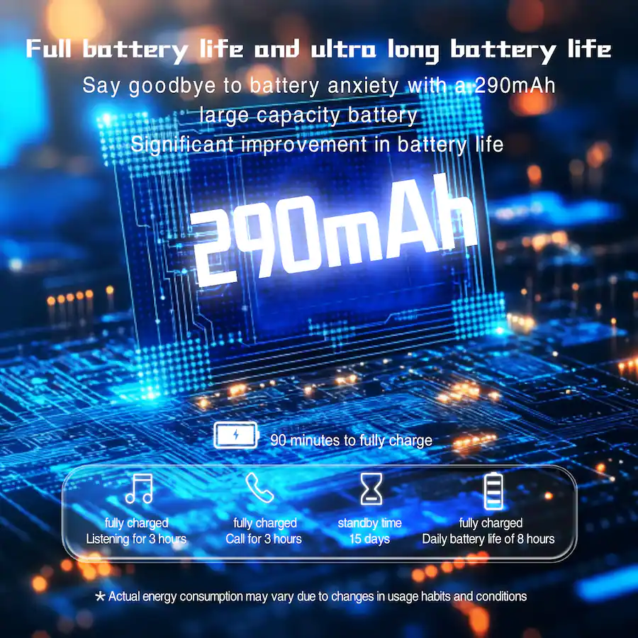 Full battery life and ultra long battery life
Say goodbye to battery anxiety with a 290mAh large capacity battery
Significant improvement in battery life
- 90 minutes to fully charge
- fully charged Listening for 3 hours
- fully charged Call for 3 hours
- standby time 15 days
- fully charged Daily battery life of 8 hours
*Actual energy consumption may vary due to changes in usage habits and conditions