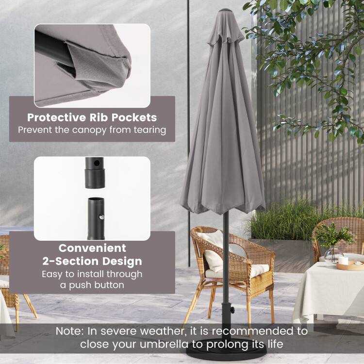 Protective Rib Pockets Prevent the canopy from tearing  
Convenient 2-Section Design Easy to install through a push button  
Note: In severe weather, it is recommended to close your umbrella to prolong its life