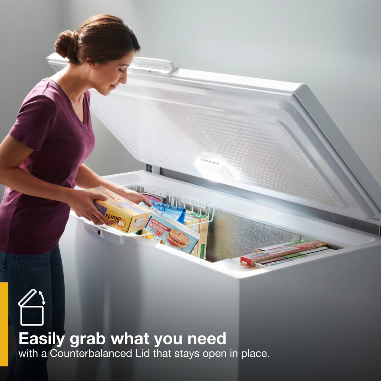 Easily grab what you need with a Counterbalanced Lid that stays open in place.