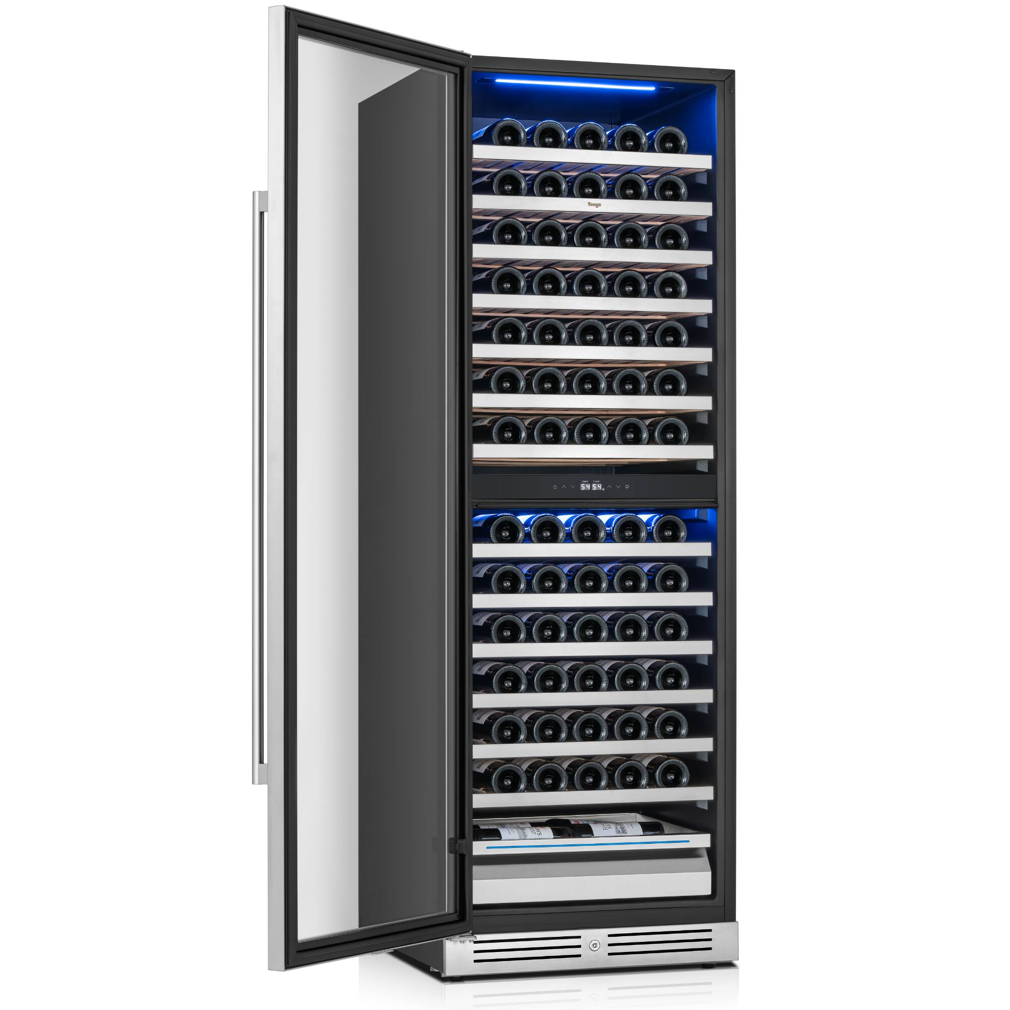 Angle. Yeego - 24" Dual Zone Wine Cooler Refrigerator, 154-Bottle Built-In & Freestanding Wine Fridge, Stainless Steel - Stainless Steel.