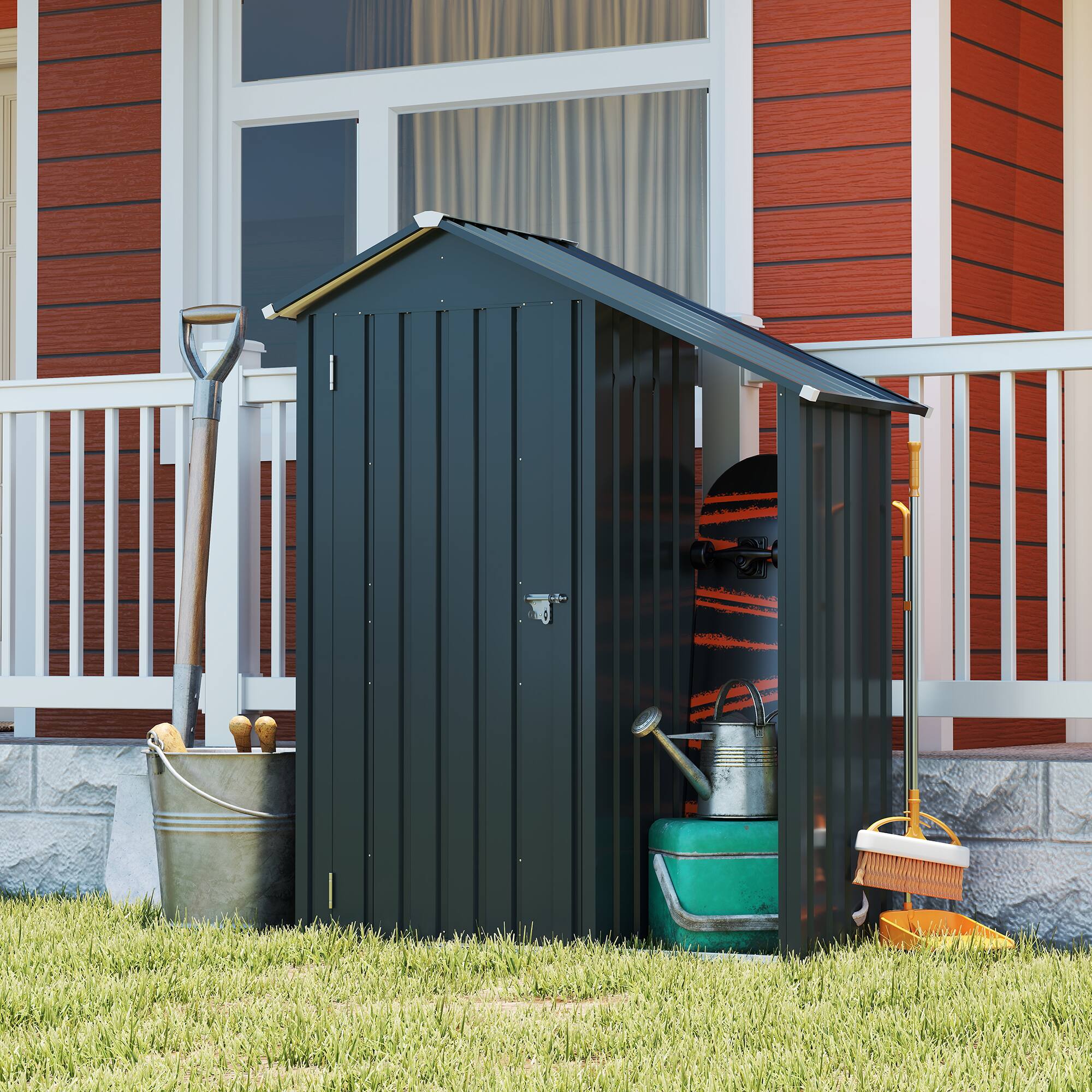 Left. Mondawe - 2-in-1 Small Galvanized Iron Storage Garden Shed with a solid lock system - Dark Gray.